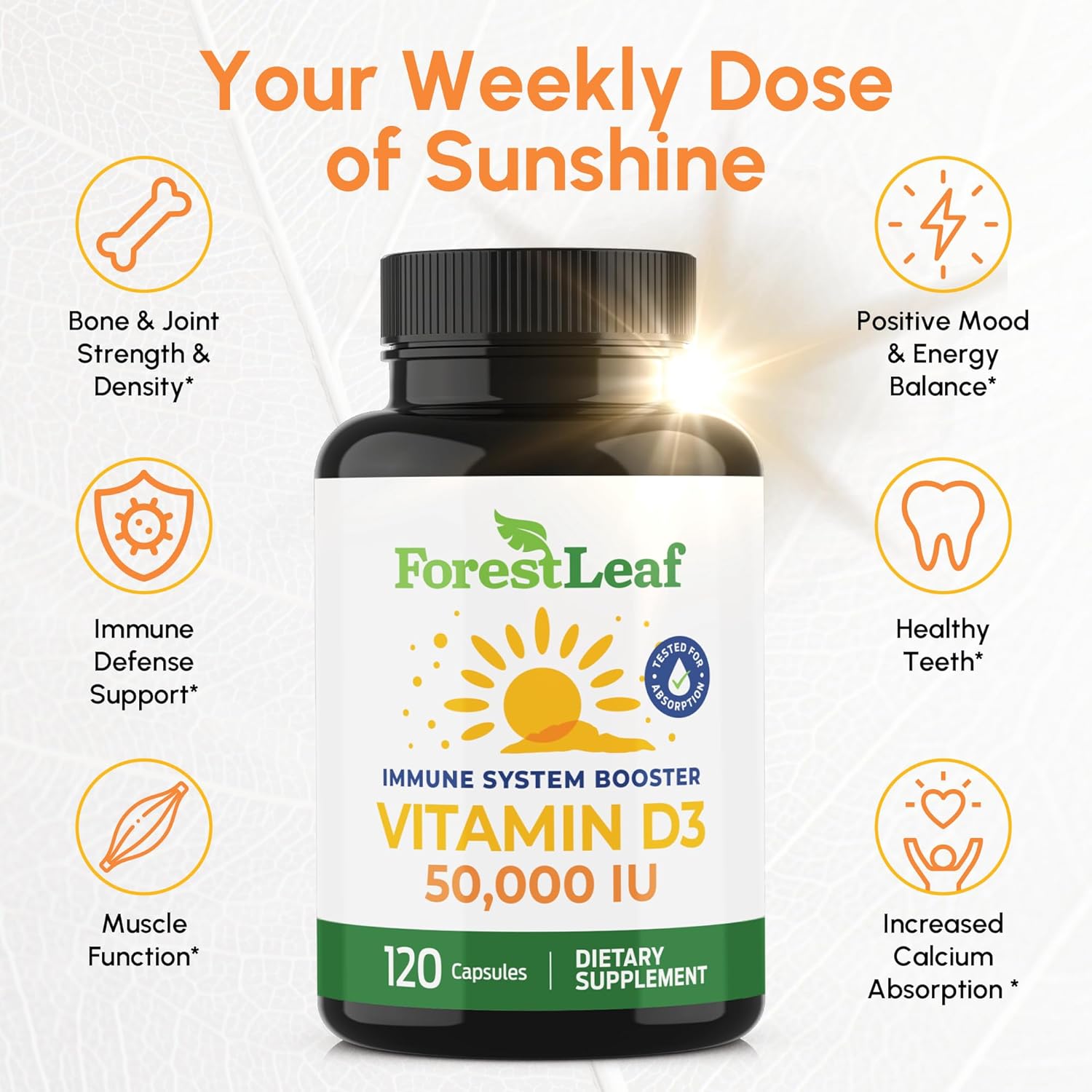 ForestLeaf Vitamin D3 50,000 IU | VIT D - Kosher VIT D3 Vitamin D Supplement for Women and Men | Bone Health, Teeth, Immune Support | Weekly Dose, 2-Year Supply, 120 Caps - Image 3