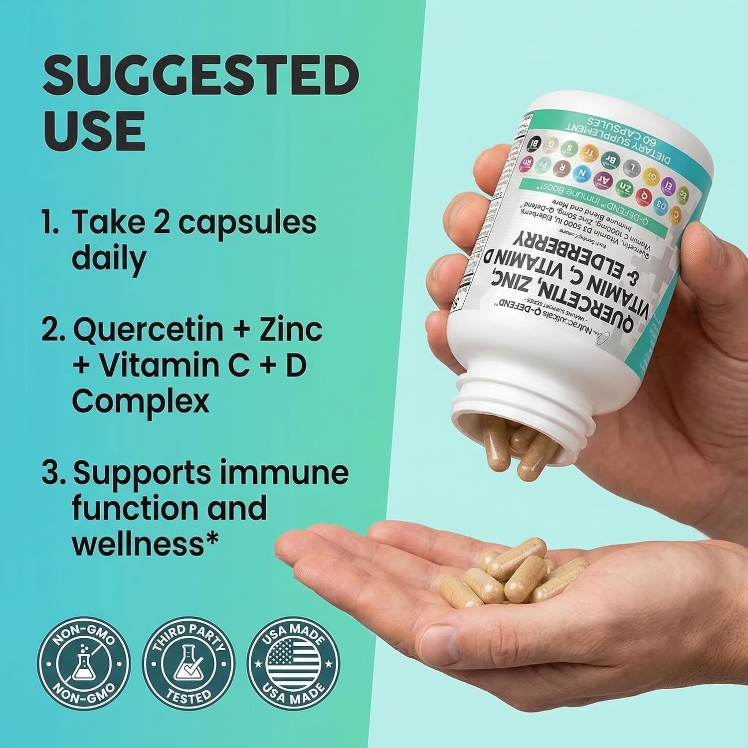 Q Defend Quercetin Supplement with Zinc Vitamin C Vitamin D Elderberry Turmeric Black Pepper Garlic Ginger Sea Moss Lysine Stinging Nettle Reishi Mushroom Immune Support 60 Capsules by Clean Nutra - Image 6