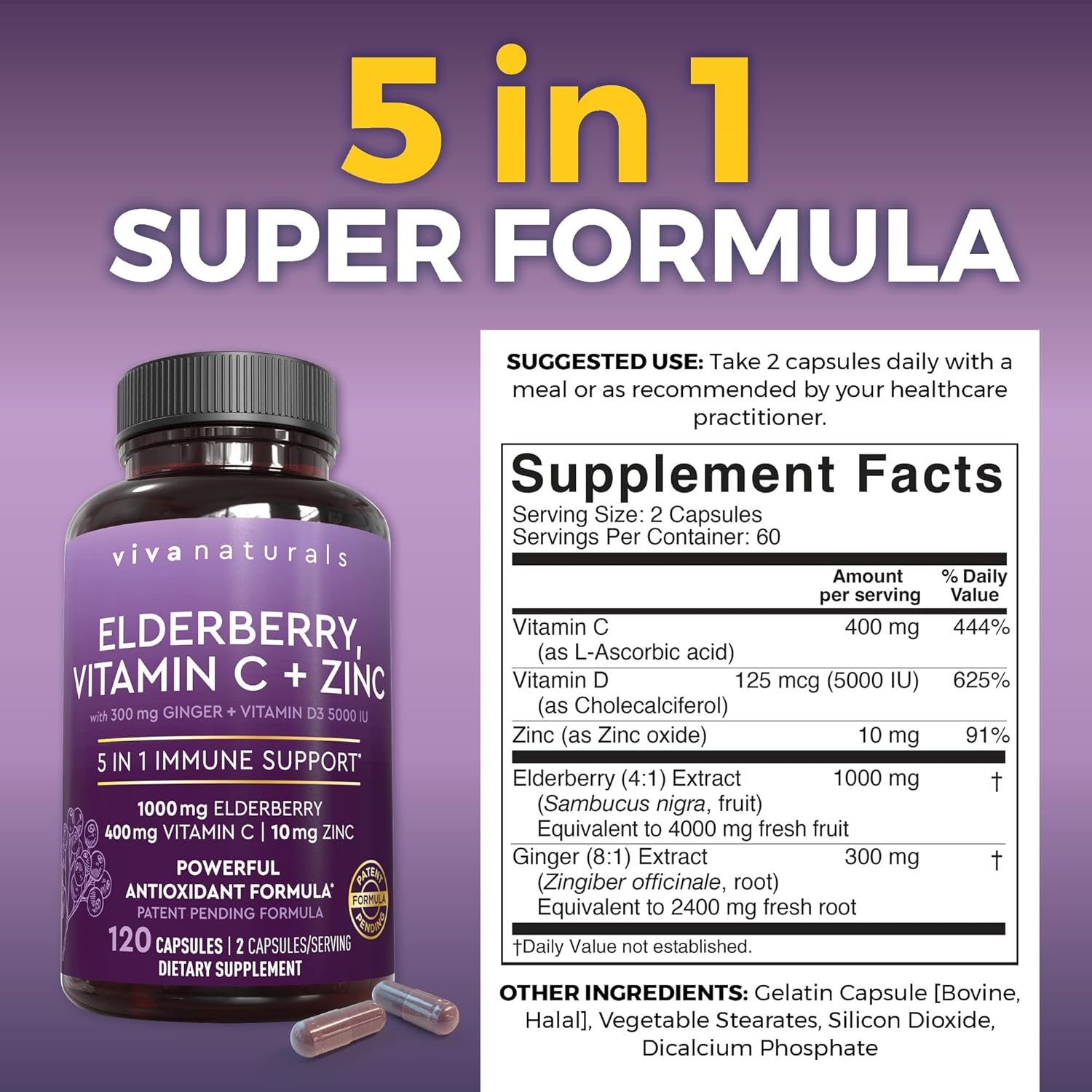 Viva Naturals Elderberry with Vitamin C and Zinc for Adults - 5 in 1 Sambucus Black Elderberry Capsules with Vitamin D3 5000 IU Immunity Supplement, Sambucus Elderberry Immune Support Supplement - Image 2