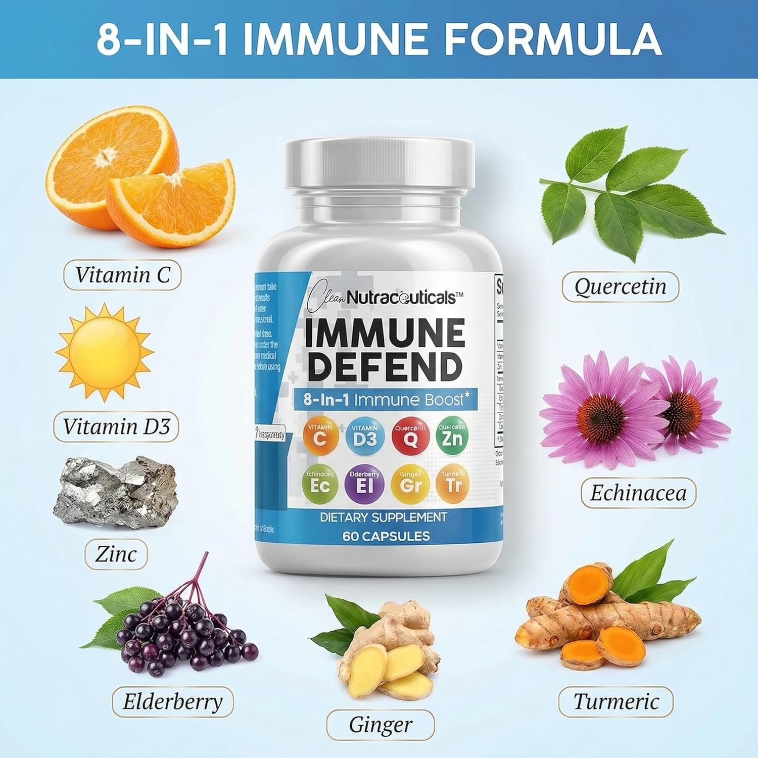Clean Nutraceuticals Immune Defense Support Supplement 8 in 1 with Zinc 50mg Quercetin, VIT C 1000mg, Vitamin D3 5000 IU, Elderberry, Ginger - Immunity System Booster for Adults, Vegan - 60 Count - Image 4