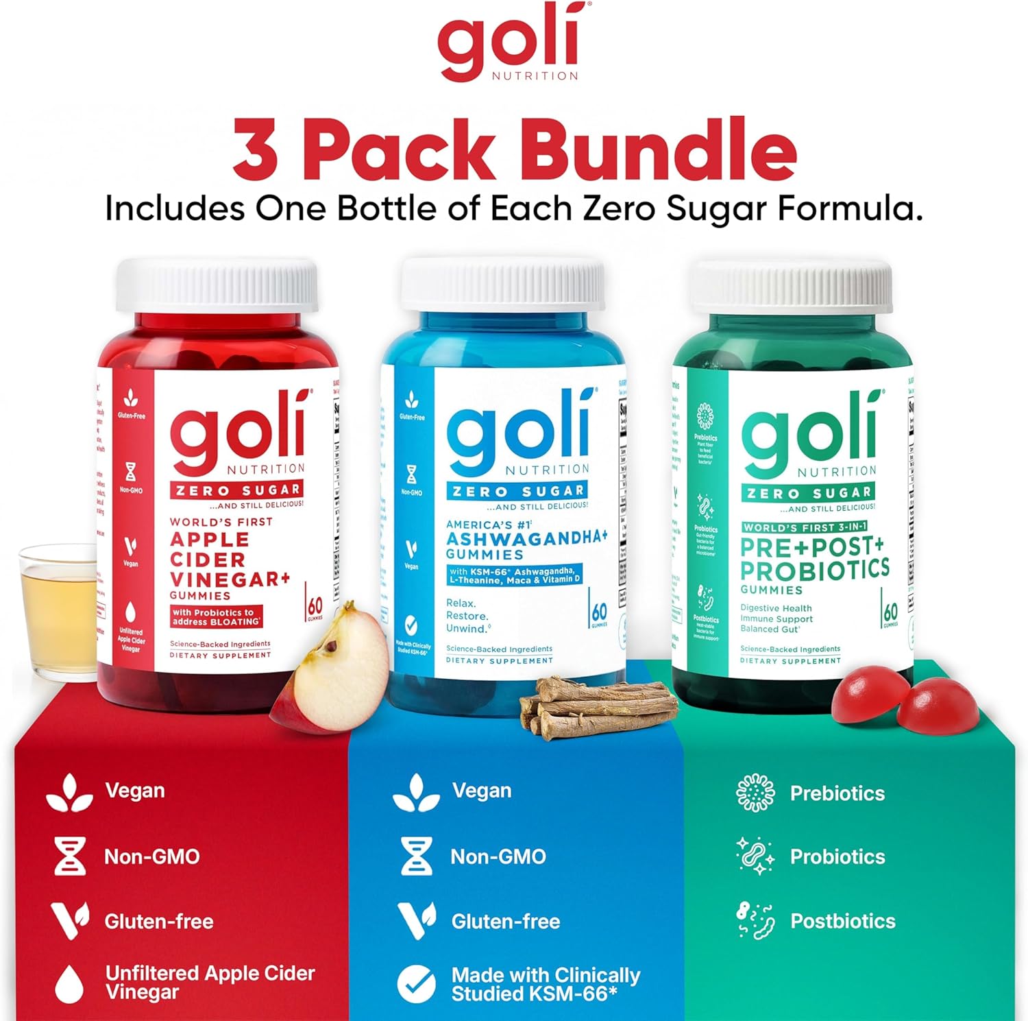 Goli Zero Sugar Trio - World's First 3-in-1 Pre, Post, Probiotic, Apple Cider Vinegar with Vitamin B12 and Probiotics, Ashwagandha & L-Theanine, Vitamin D Gummies, 90 Count (3-Bottle Set) - Image 5