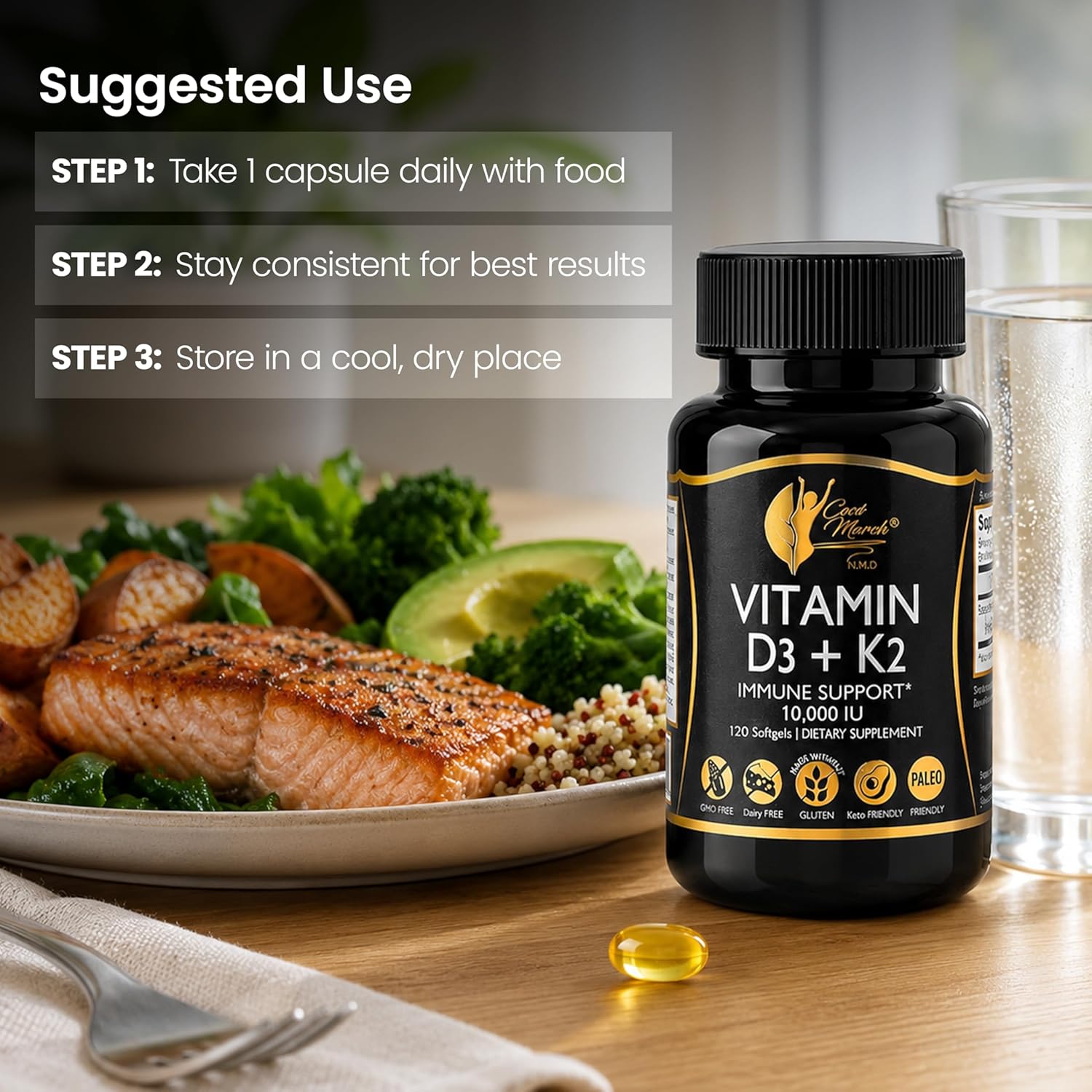 Cocó March N.M.D Vitamin D3+K2 10,000 IU - High Potency Supplement for Women & Men, Immune Support, Bone & Joint Health - Gluten-Free, Non-GMO, 4 Month Supply, 250 mcg D3, 180 mcg of Vitamin K2 - Image 10