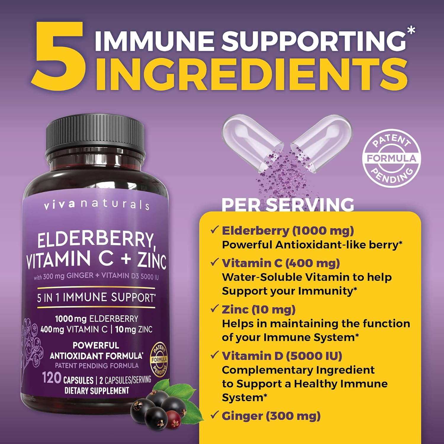 Viva Naturals Elderberry with Vitamin C and Zinc for Adults - 5 in 1 Sambucus Black Elderberry Capsules with Vitamin D3 5000 IU Immunity Supplement, Sambucus Elderberry Immune Support Supplement - Image 3