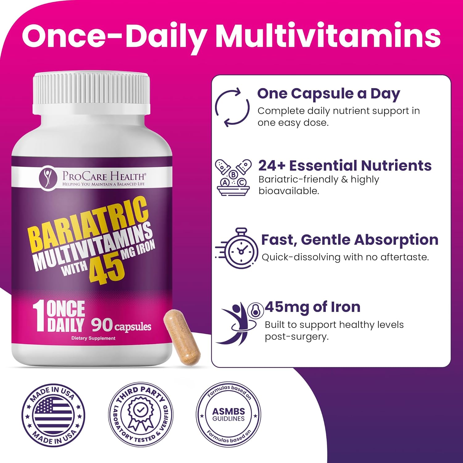 ProCare Health Bariatric Multivitamin 45mg Iron – Once Daily Capsule for Gastric Bypass, Sleeve & Post-Op Support – 90 Easy-to-Swallow Capsules, 3-Month Supply, No Artificial Colors, Gluten-Free - Image 6