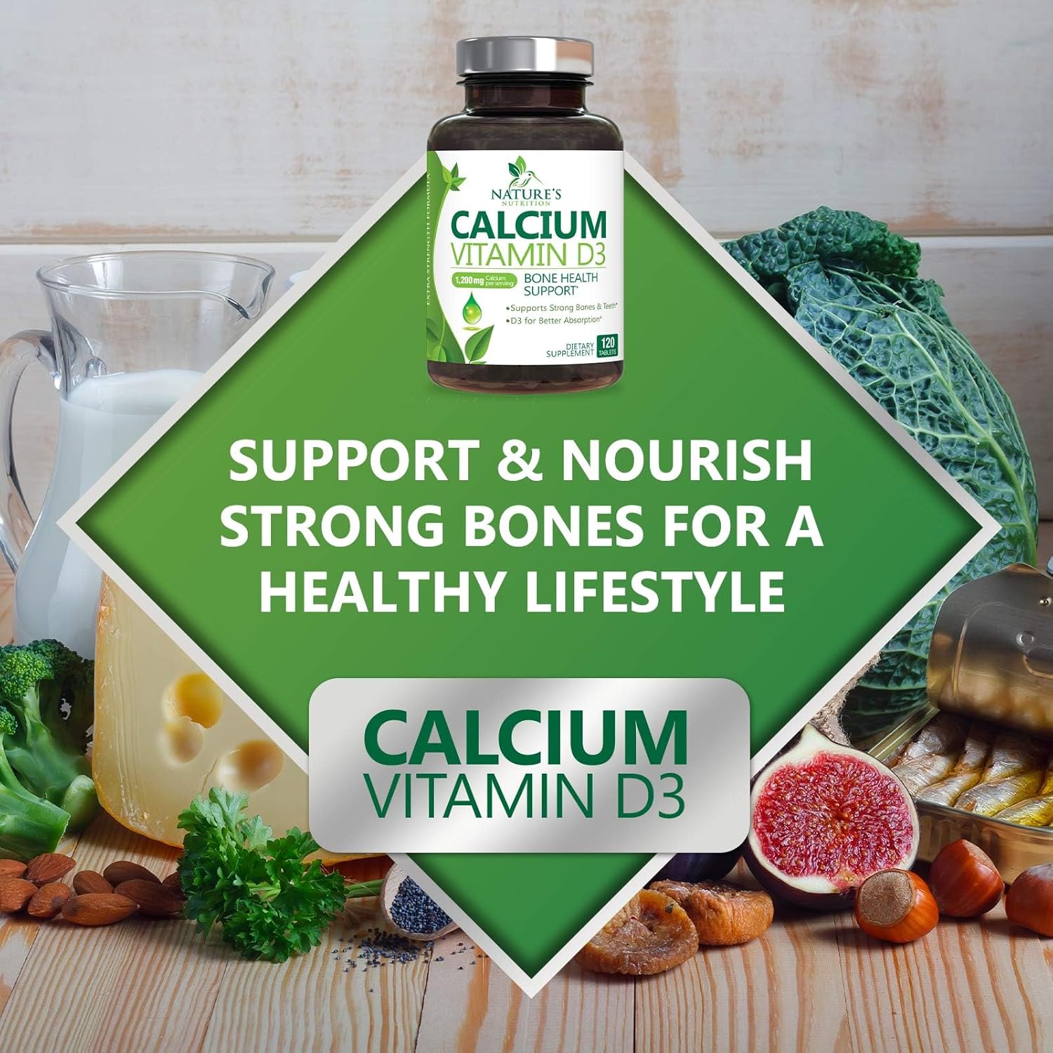 Calcium Supplement with Vitamin D3-1200 mg Calcium per Serving with D3 for Best Absorption - Supports Immune Health, Bones & Teeth - Nature's Calcium is Bottled in USA for Women & Men - 120 Tablets - Image 7