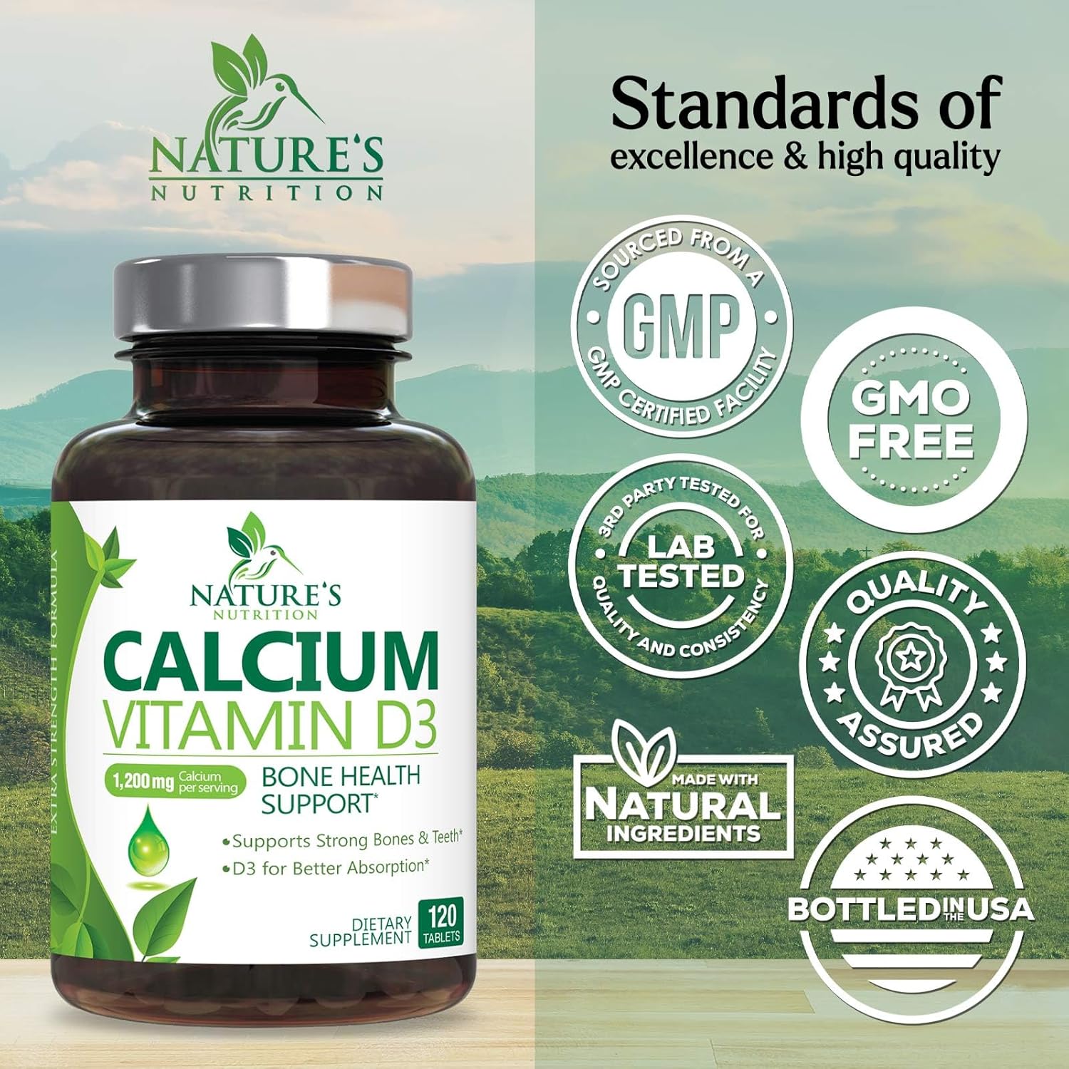 Calcium Supplement with Vitamin D3-1200 mg Calcium per Serving with D3 for Best Absorption - Supports Immune Health, Bones & Teeth - Nature's Calcium is Bottled in USA for Women & Men - 120 Tablets - Image 4
