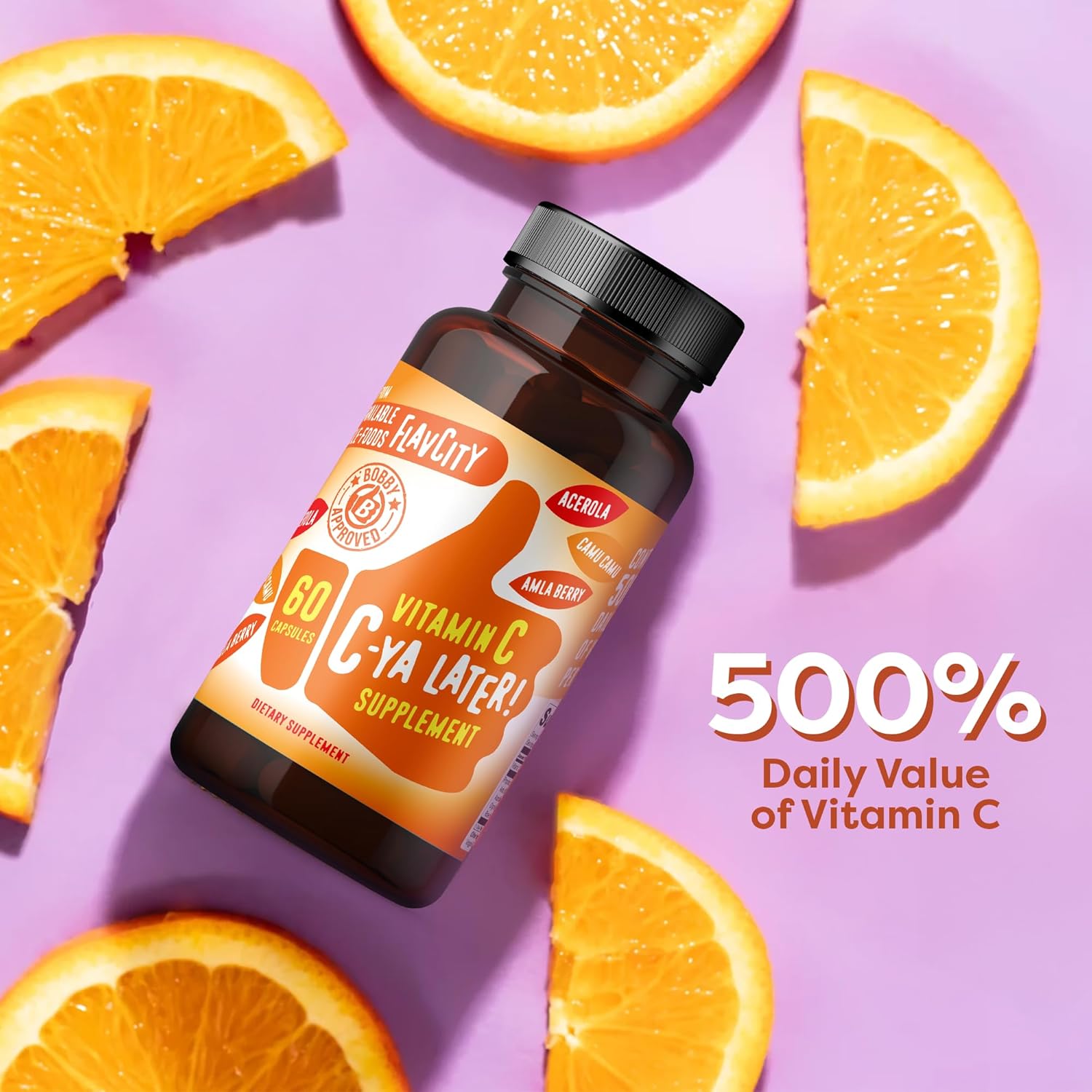 FlavCity Vitamin C Supplement, C-Ya Later! Superfood-Derived Immunity Support - Bioavailable Vitamin C Immune Support from Acerola Cherry, Rose Hips & Camu Camu - 500% Daily Value (60 Capsules) - Image 4
