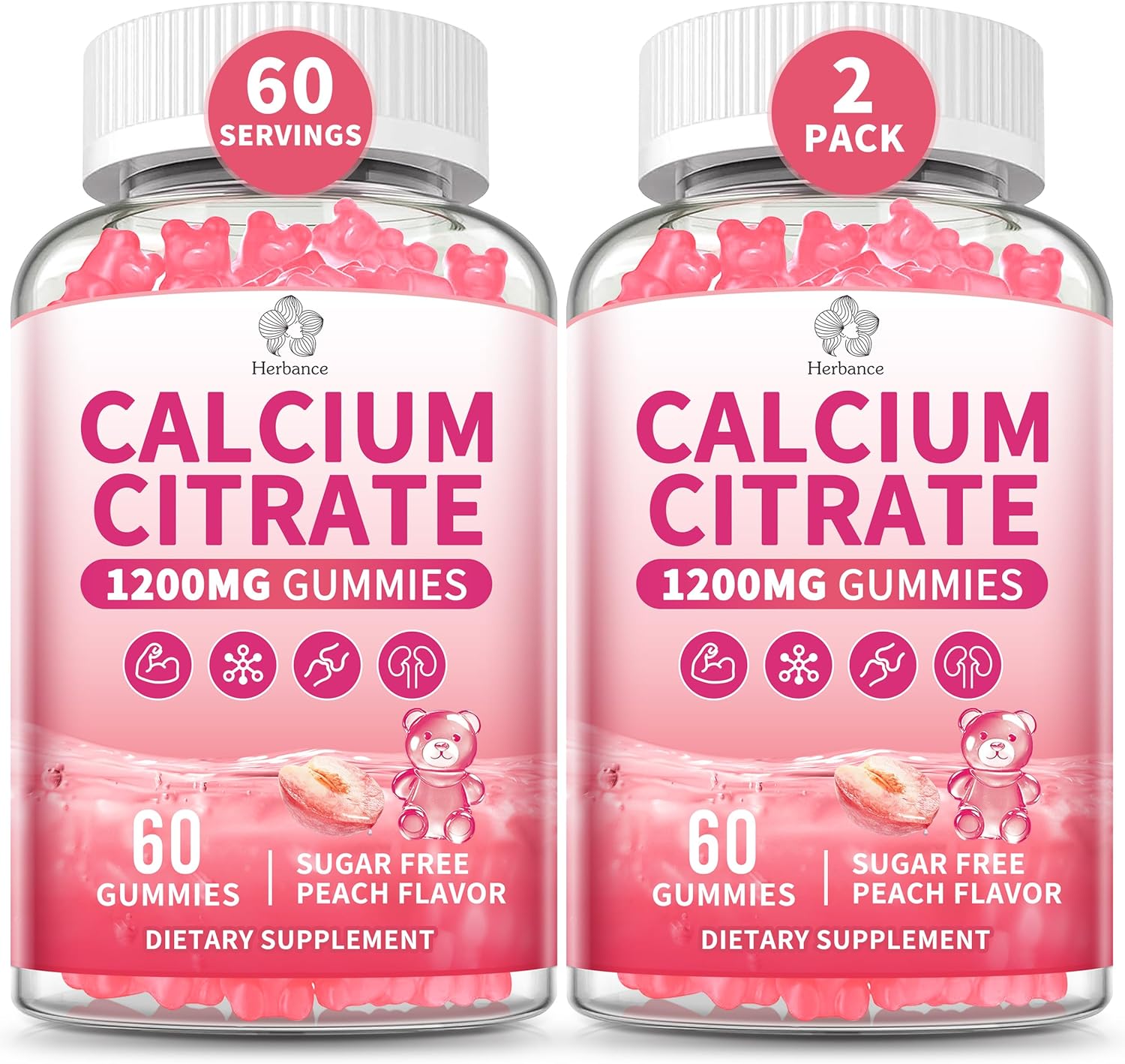 Pure Calcium Citrate 1200 mg Gummies for Adults, High Absorption Calcium Supplements for Women & Men, Sugar Free, Non-GMO, Gluten Free, Supports Bone,Teeth,Muscle & Immune - Peach Flavor
