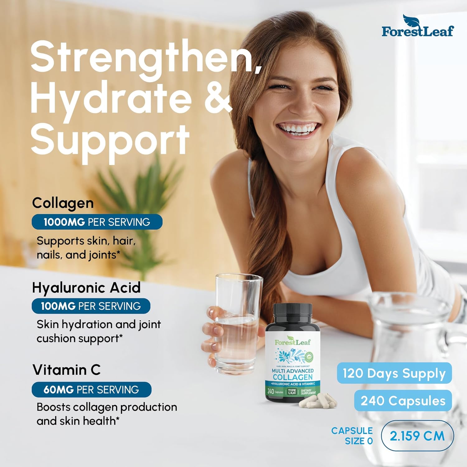 ForestLeaf Multi Collagen Pills - Collagen Men & Collagen Women - Hydrolyzed Collagen Supplements with Vitamin C & Hyaluronic Acid - Collagen Capsules for Hair, Skin & Nails (240 Peptide Capsules) - Image 2
