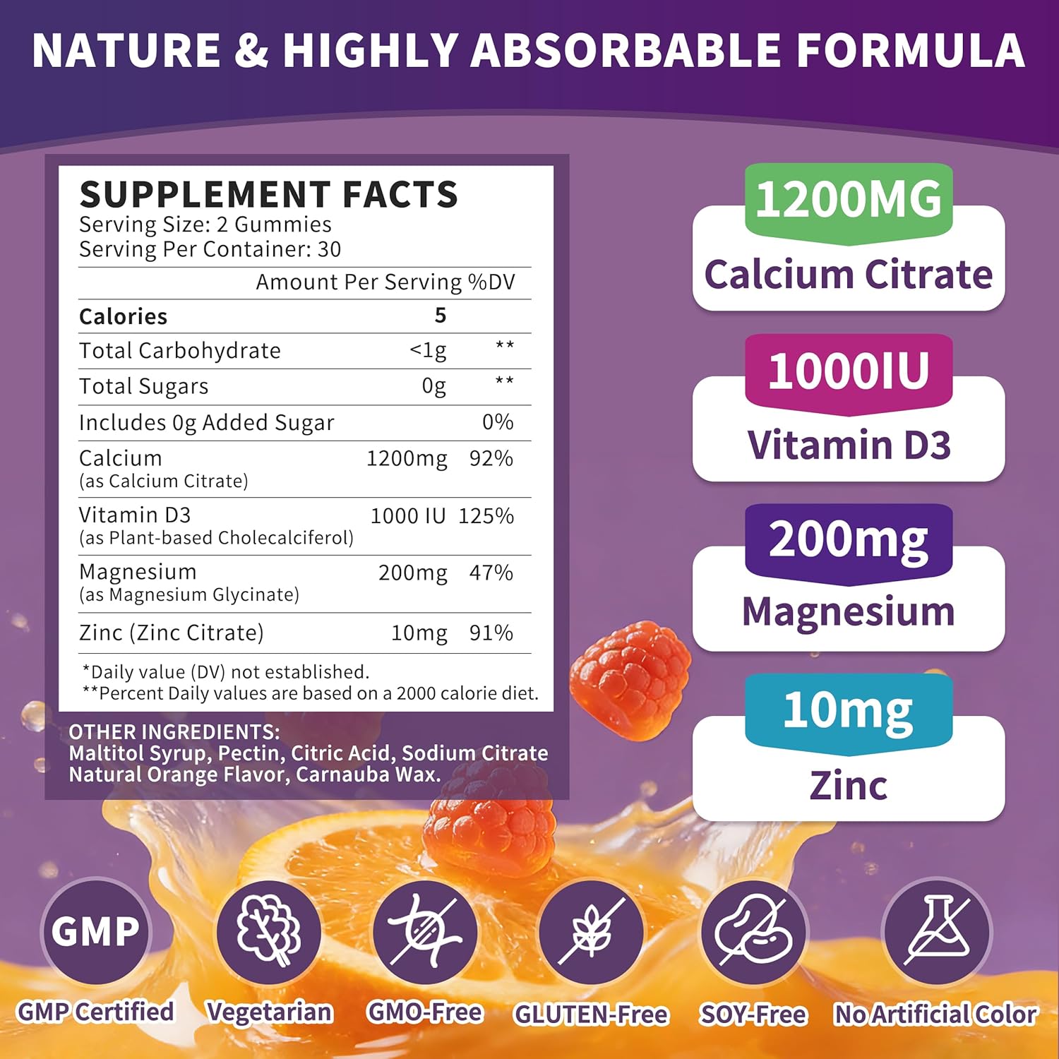 (2 Pack) Calcium Citrate 1200 mg for Women,Calcium Magnesium Zinc Vitamin D3 Gummies,High Absorption Calcium Chews Supplement for Bone,Teeth and Muscle Healthy,Sugar Free,Vegan,Non-GMO,Orange Flavor - Image 5