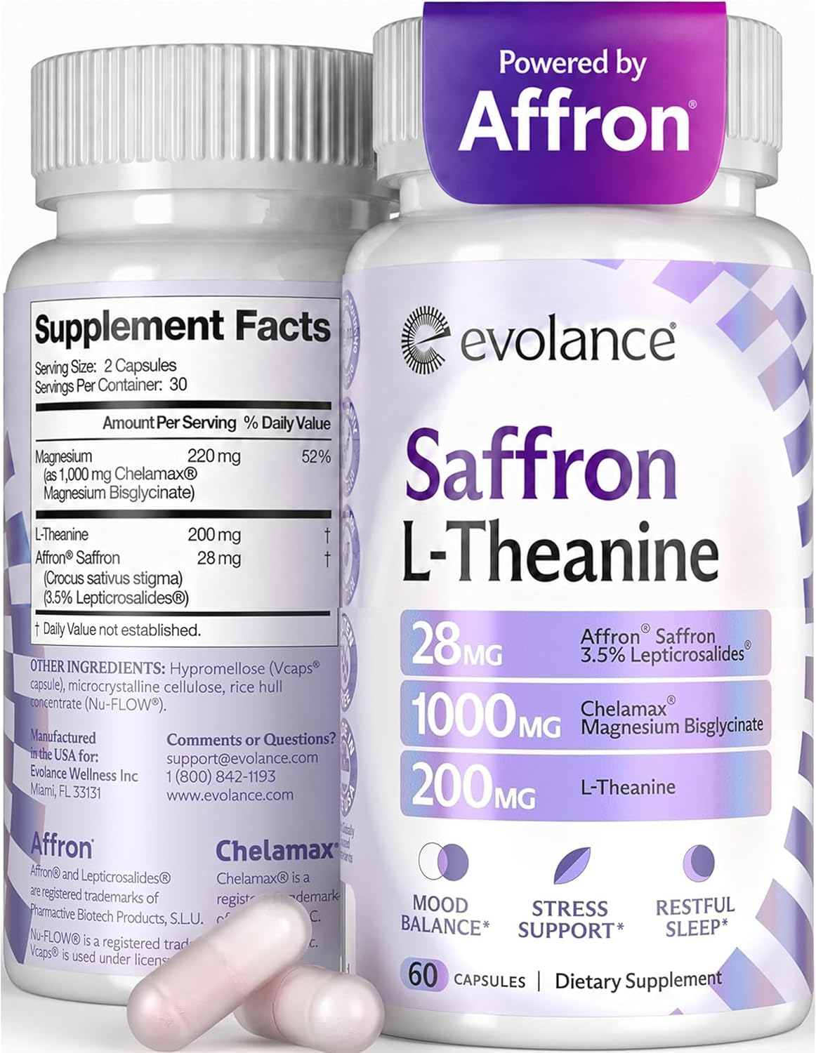 Saffron Supplements Extract for Stress & Mood Support – Affron 28mg, Magnesium Glycinate 1000mg, L-Theanine 200mg – High Absorption, Sleep & Focus Support, Melatonin-Free, 60 Veggie Capsules