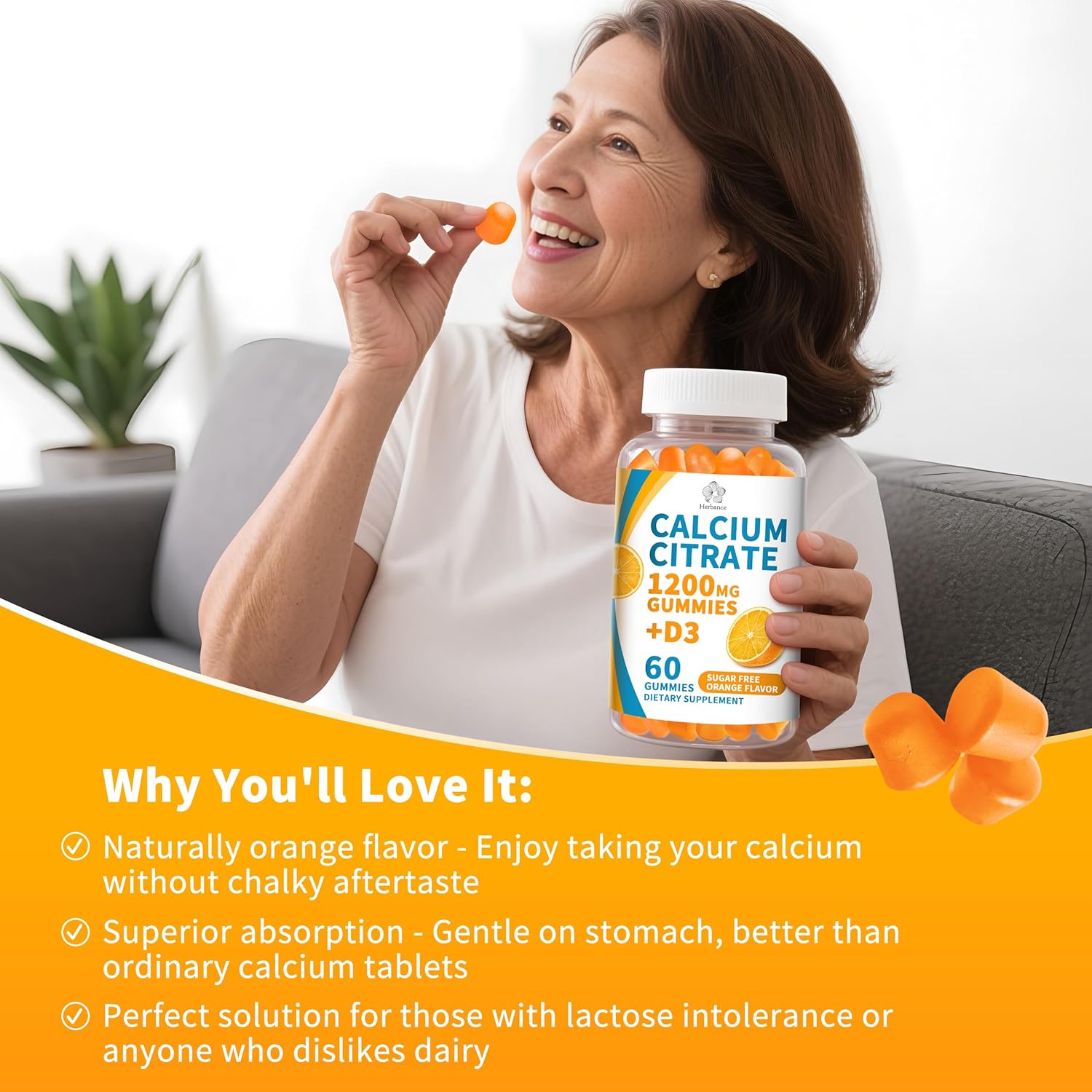 (2 Pack) Calcium Citrate 1200 mg Gummies with Vitamin D3, High Absorption Calcium Supplements for Women & Men, Sugar Free, Non-GMO, Gluten Free, Supports Muscle & Immune - Orange Flavor - Image 4