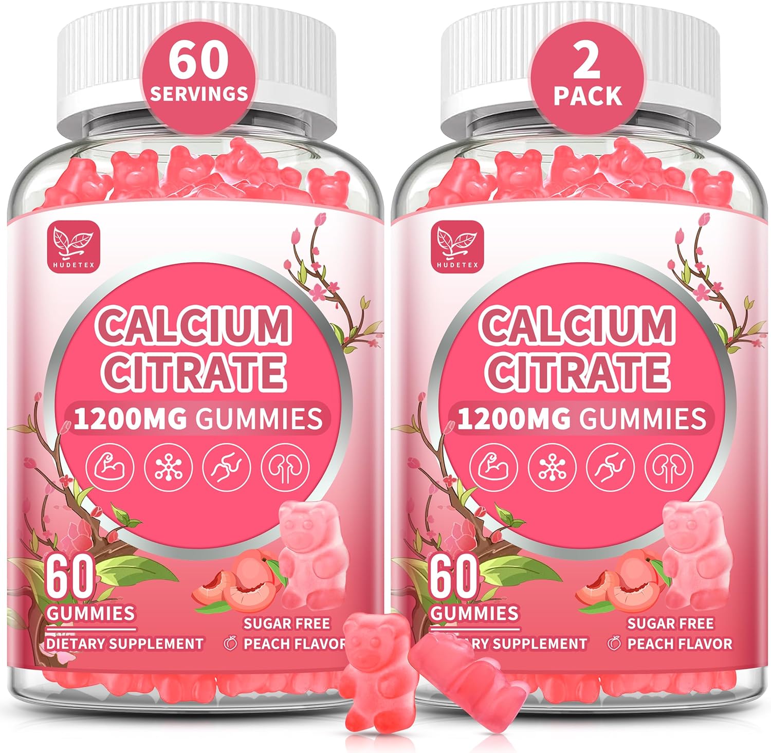 (2 Pack) Pure Calcium Citrate Gummies 1200 mg for Women & Men,Calcium Citrate Supplements,High Absorption for Bone Muscle Healthy - Easy to Digest, Sugar Free,Vegan,Peach Flavor,60 Day Supply