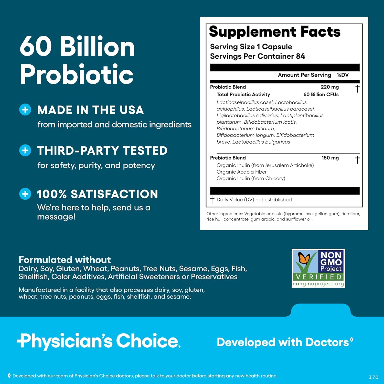Physician's CHOICE Probiotics 60 Billion CFU - 10 Strains + Organic Prebiotics - Immune, Digestive & Gut Health - Supports Occasional Constipation, Diarrhea, Gas & Bloating - for Women & Men - 84ct - Image 6