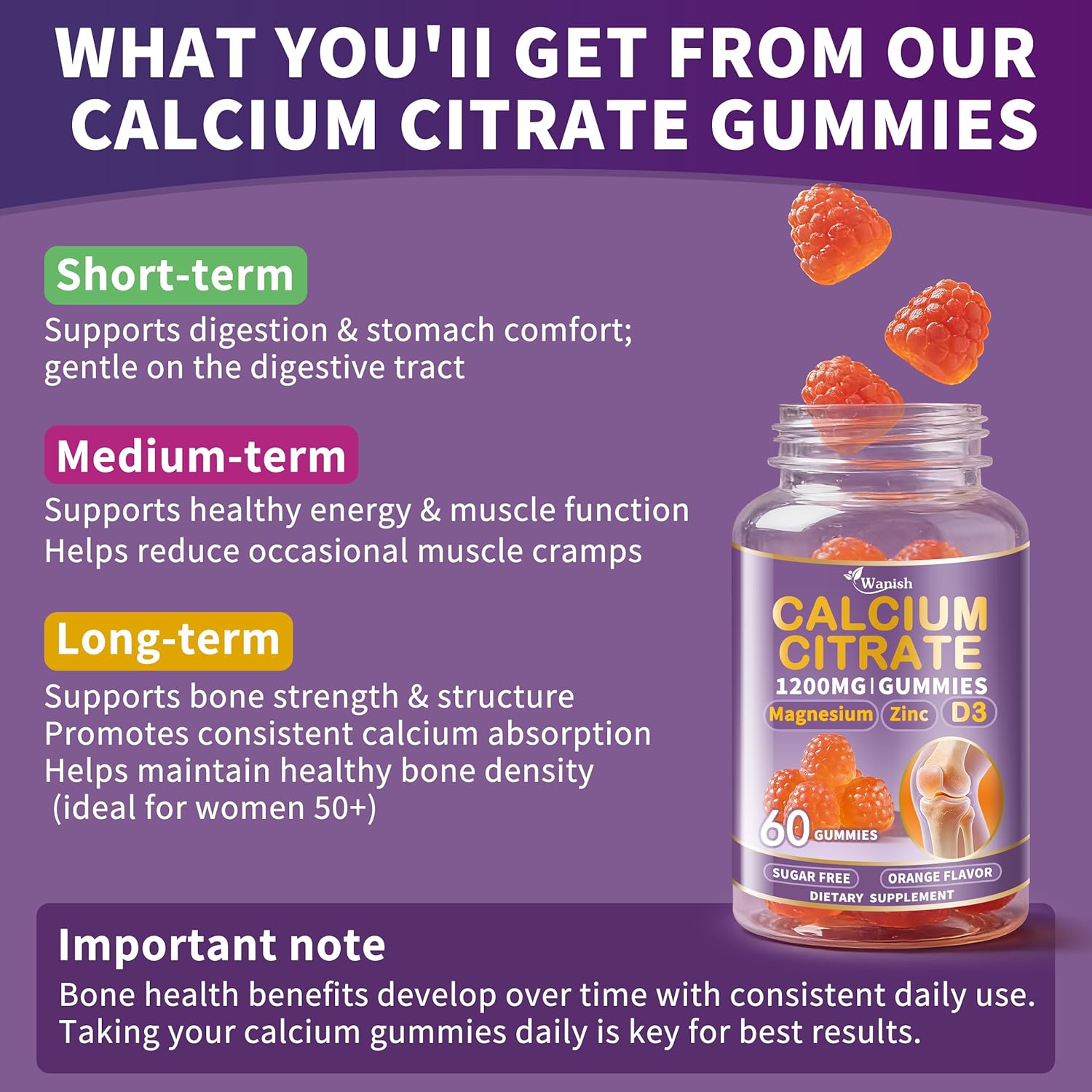 (2 Pack) Calcium Citrate 1200 mg for Women,Calcium Magnesium Zinc Vitamin D3 Gummies,High Absorption Calcium Chews Supplement for Bone,Teeth and Muscle Healthy,Sugar Free,Vegan,Non-GMO,Orange Flavor - Image 6