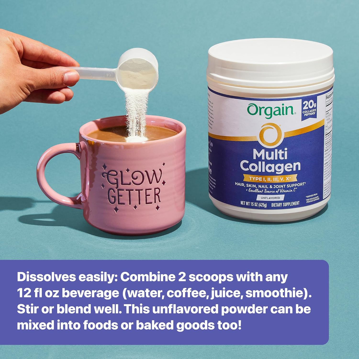 Orgain Hydrolyzed Multi Collagen Powder for Women & Men, 20g Collagen, Supports Hair, Skin, Nail & Joint Health, Type I, II, III, V, X, Vitamin C & Amino Acids, Non-GMO, Unflavored (21 Servings) 15oz - Image 7