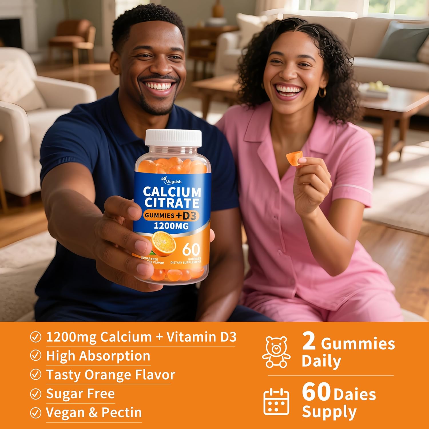 (2 Pack)Calcium Citrate 1200mg with Vitamin D3 Gummies for women & Men,Calcium Citrate Supplements for Bone & Teeth Support,High Absorption-Easy to Digest, Sugar Free,Vegan,Orange Flavor,60 Day Supply - Image 6