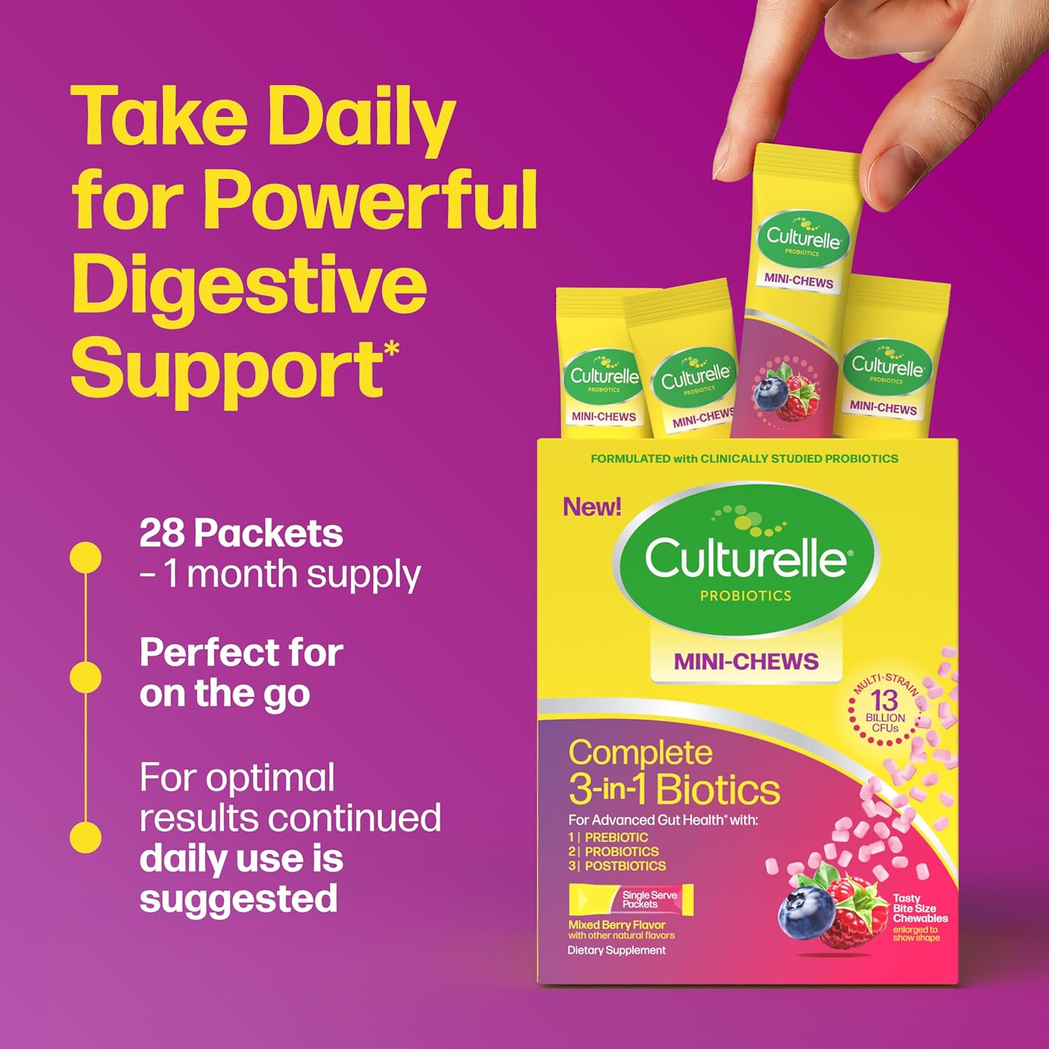 Culturelle® Complete 3-in-1 Biotics Mini-Chews Daily Probiotic for Digestive Health with Prebiotics and Postbiotics for Gut Balance, Mixed Berry Flavor, 28 Count - Image 7
