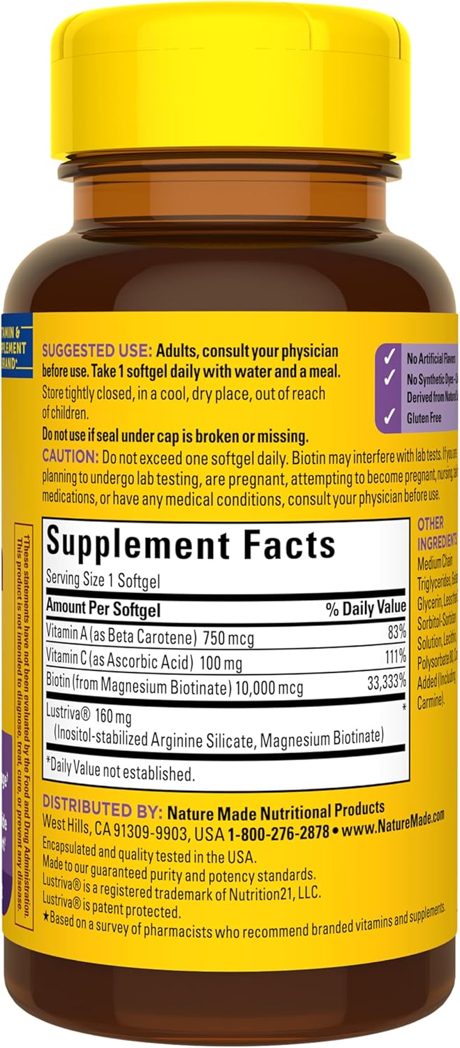 Nature Made Hair Growth Softgels, Clinically Studied Lustriva + Biotin, Vitamin C & A, Hair Growth Vitamins - Support Healthy Hair as You Age, 30 Softgels, 30 Day Supply - Image 9