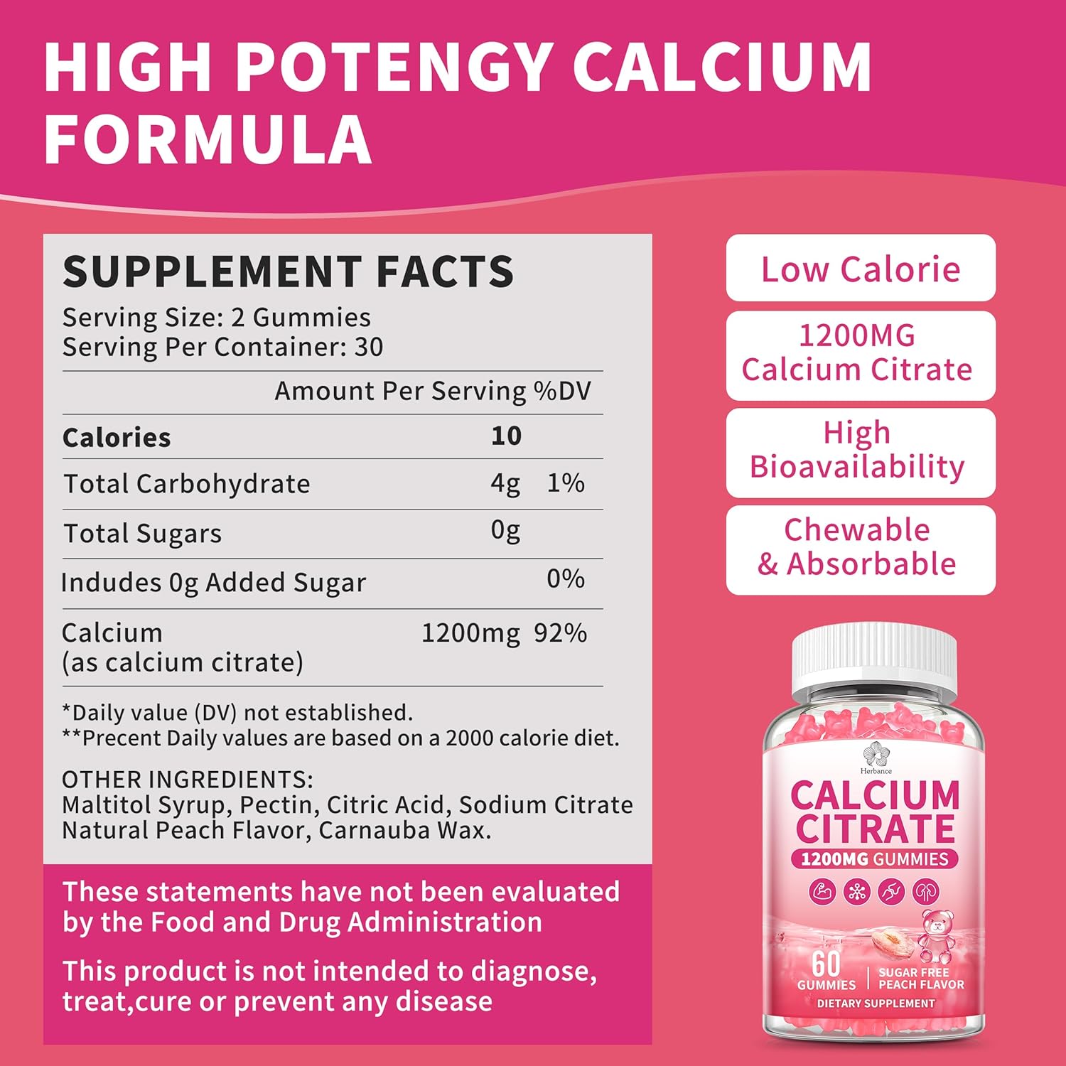 Pure Calcium Citrate 1200 mg Gummies for Adults, High Absorption Calcium Supplements for Women & Men, Sugar Free, Non-GMO, Gluten Free, Supports Bone,Teeth,Muscle & Immune - Peach Flavor - Image 6