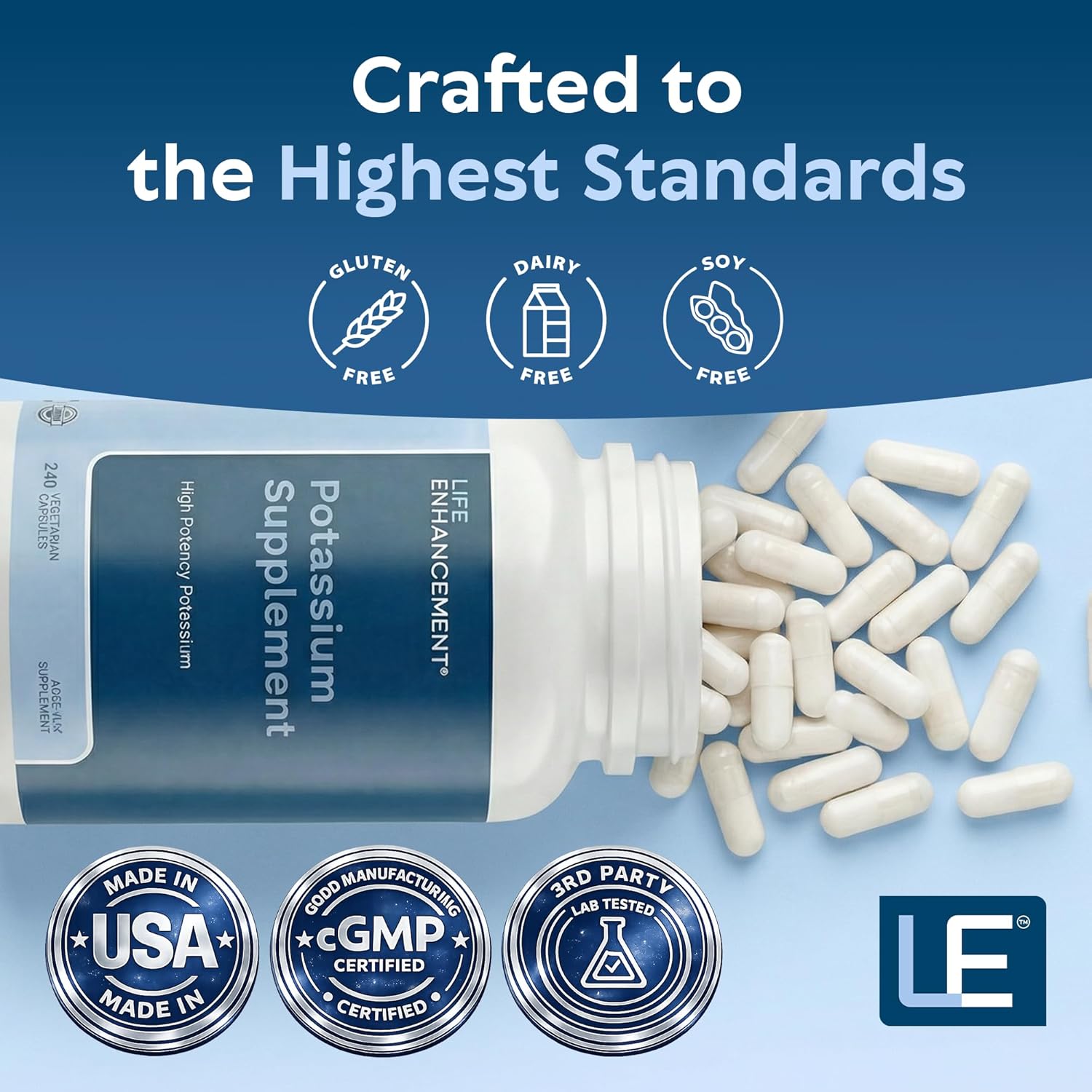 Life Enhancement High Potency 1020 mg Potassium Supplement for Muscle, Brain & Bone Health - No Additives High Absorption Elemental Potassium Supplement, Made in USA (240 Capsules – 120 Servings) - Image 8