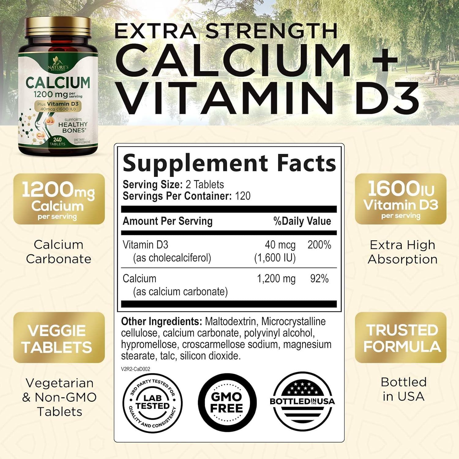 Calcium 1200 mg with Vitamin D3 - Per Serving - Bone Health Supplement - Vitamin D & Calcium Supplements for Women & Men - Bone Strength Support - Natural Calcium Pills - Bottled in USA - 240 Tablets - Image 2