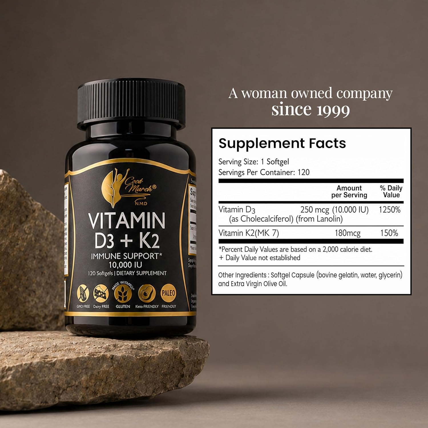 Cocó March N.M.D Vitamin D3+K2 10,000 IU - High Potency Supplement for Women & Men, Immune Support, Bone & Joint Health - Gluten-Free, Non-GMO, 4 Month Supply, 250 mcg D3, 180 mcg of Vitamin K2 - Image 12