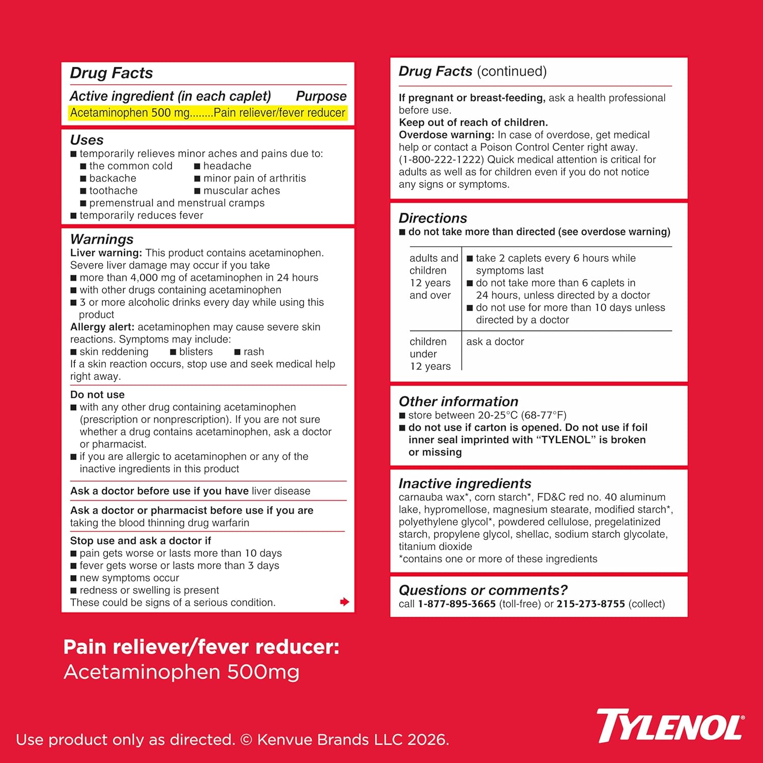 Tylenol Extra Strength Pain Relief Pills, Fast, Strong Pain Relief, Acetaminophen 500 mg Caplets, Pain Reliever & Fever Reducer Medicine for Headache, Backache, Toothache & Minor Arthritis, 100 Count - Image 9