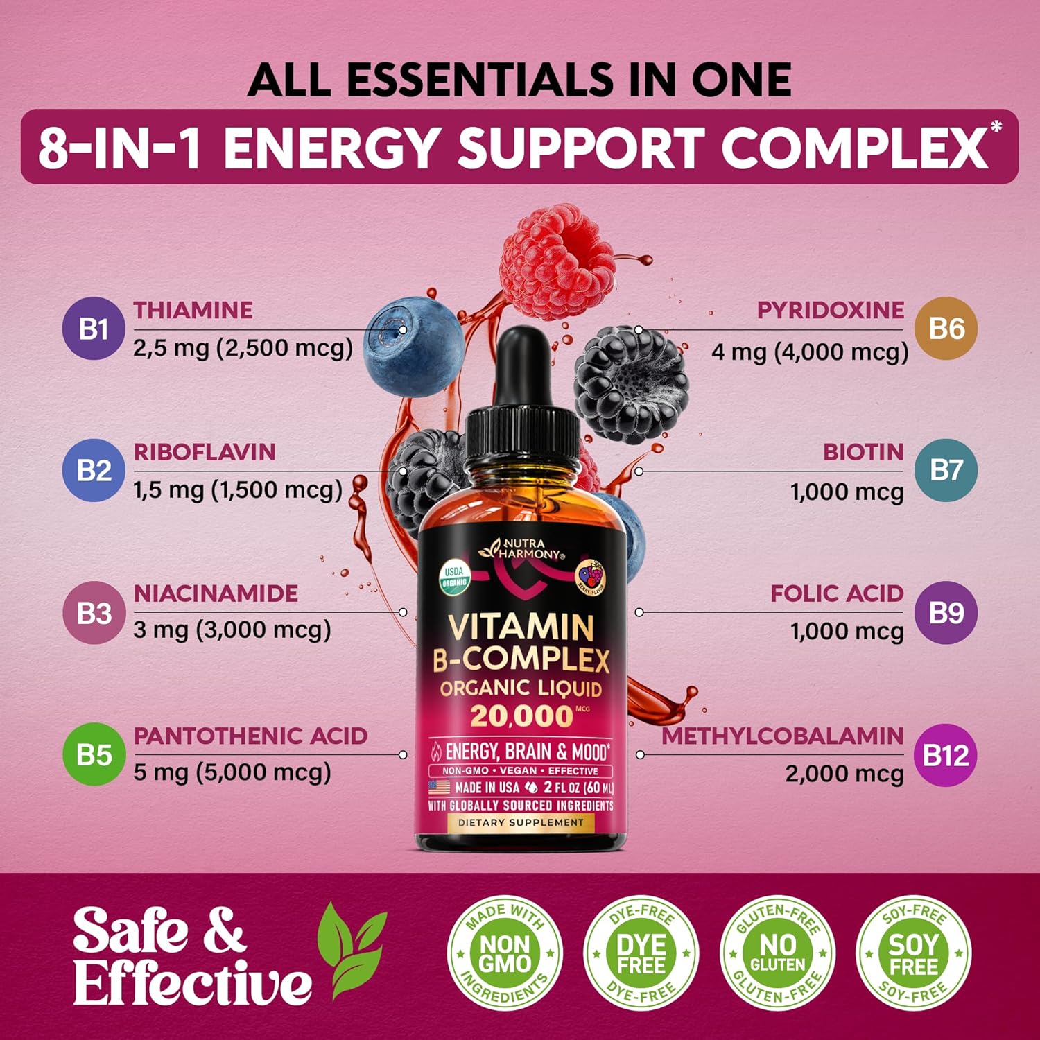 USDA Organic Vitamin B-Complex B5 Pantothenic Acid | B12 Methylcobalamin | B1 Thiamine | B6 Pyridoxine | B7 Biotin | B9 Folic | B3 Niacinamide - B Complex Liquid Drops, Natural Berry Flavor, 2fl oz - Image 5