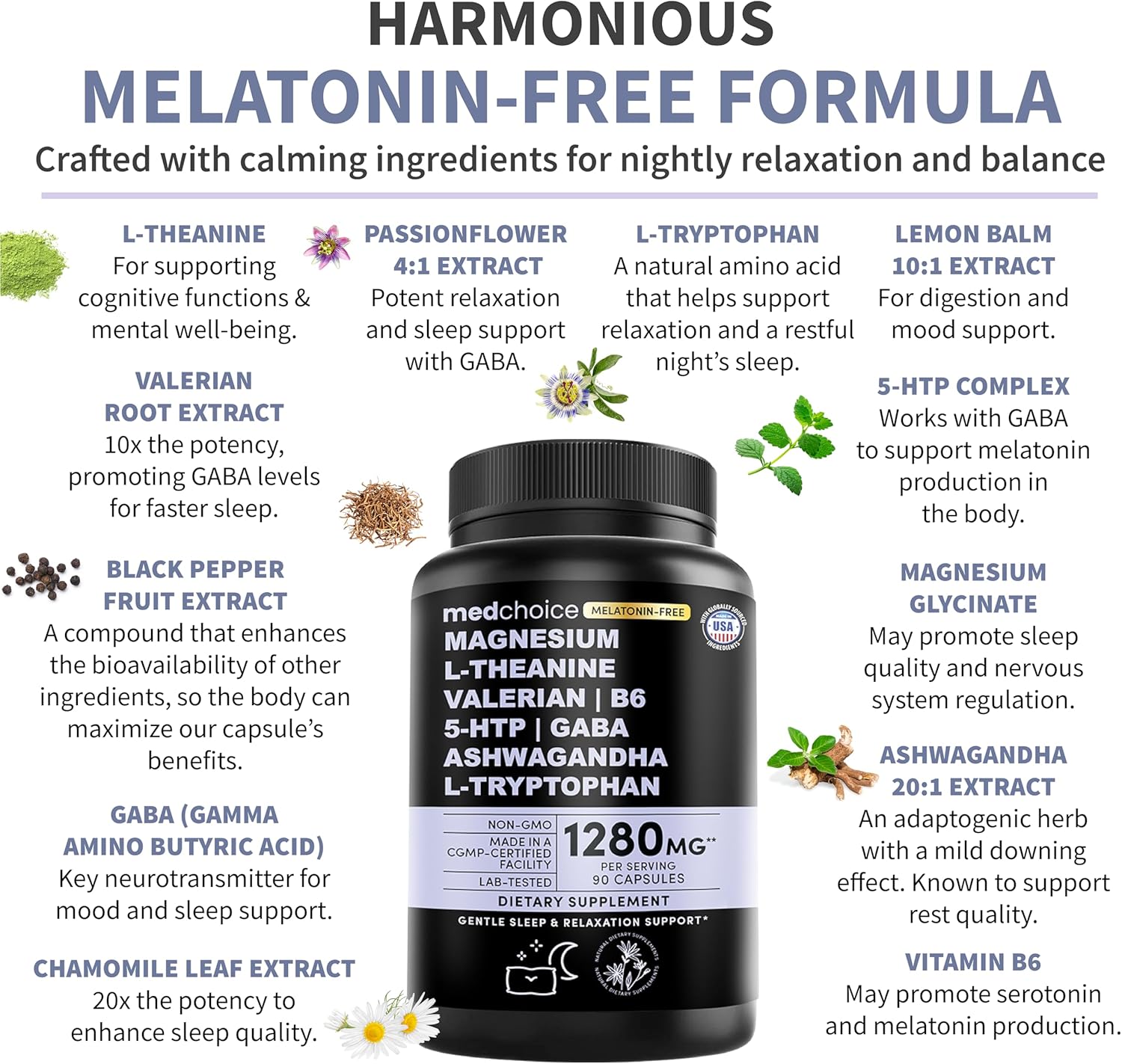 12-in-1 Sleep Support Capsules - Melatonin-Free and Non-Habit Forming Sleep Supplement with a Balanced Blend of Magnesium, Ashwagandha, L-Tryptophan, Valerian Root, GABA and 5-HTP (90 Capsules) - Image 3