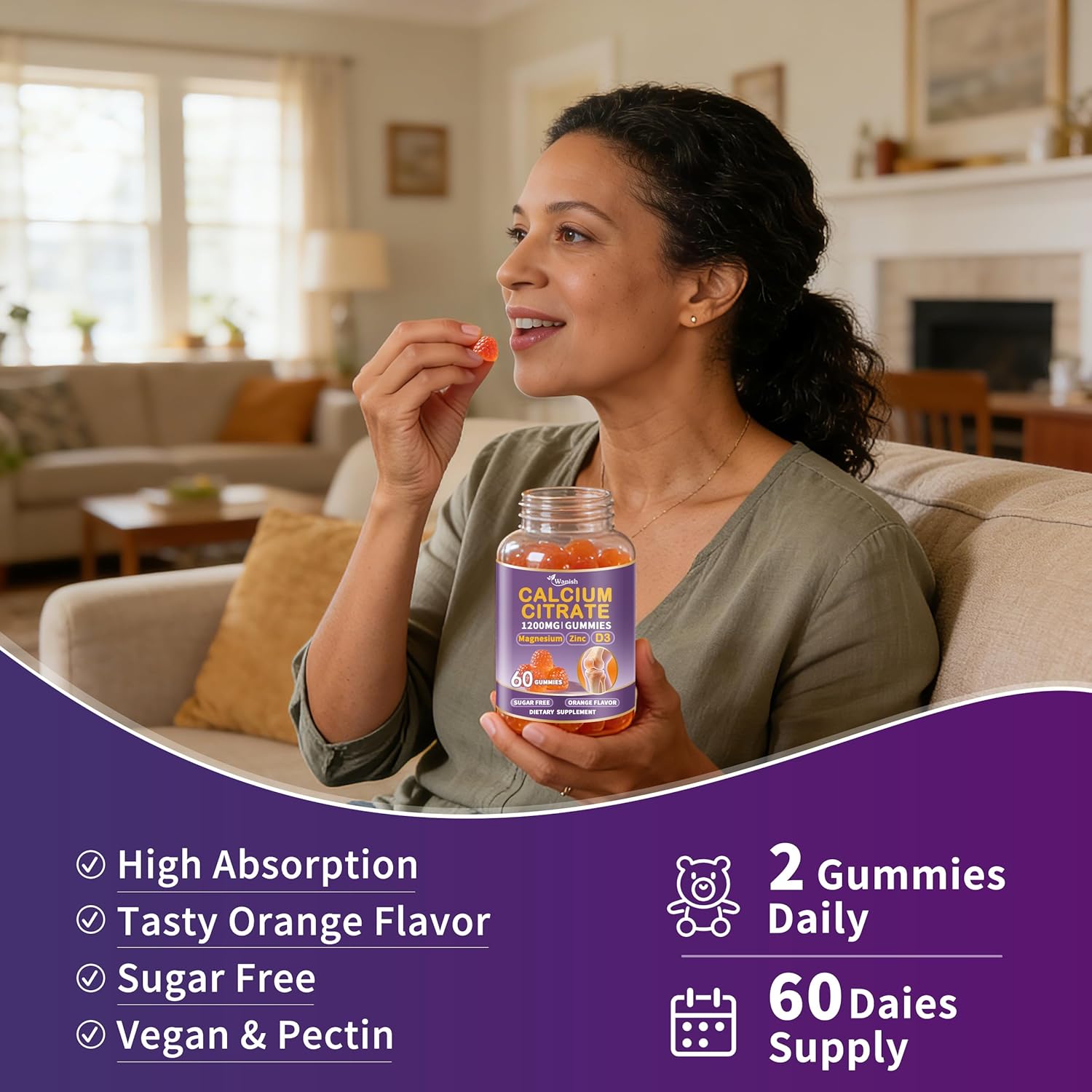 (2 Pack) Calcium Citrate 1200 mg for Women,Calcium Magnesium Zinc Vitamin D3 Gummies,High Absorption Calcium Chews Supplement for Bone,Teeth and Muscle Healthy,Sugar Free,Vegan,Non-GMO,Orange Flavor - Image 7