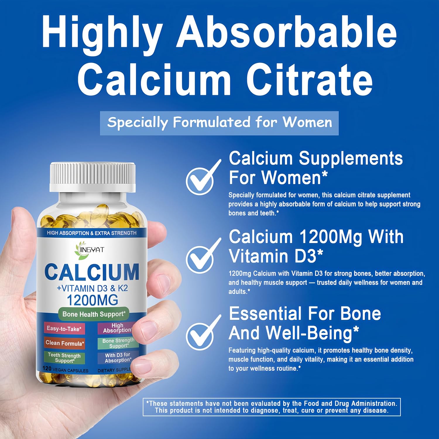Calcium Supplements for Women - Calcium 1200 mg with Vitamin D3 & K2 - High Absorption Extra Strength Calcium Citrate for Bone Health, Strength, Density, Muscle, Heart Support - Slow Release, Non-GMO - Image 3