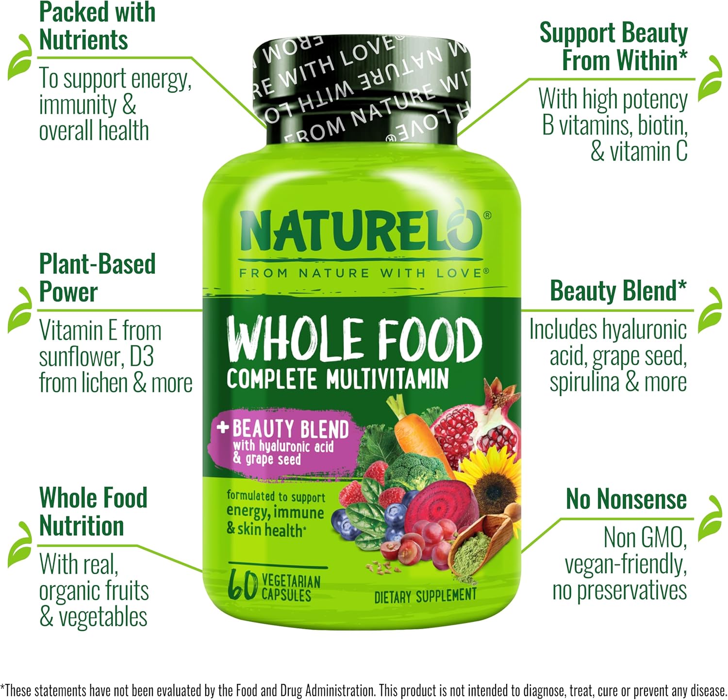 NATURELO Whole Food Multivitamin with Extra Hair, Skin and Nails Support - Beauty Blend with Hyaluronic Acid & Grape Seed - High Potency Biotin, Vitamin C, and Glutathione - 60 Vegan Capsules - Image 2