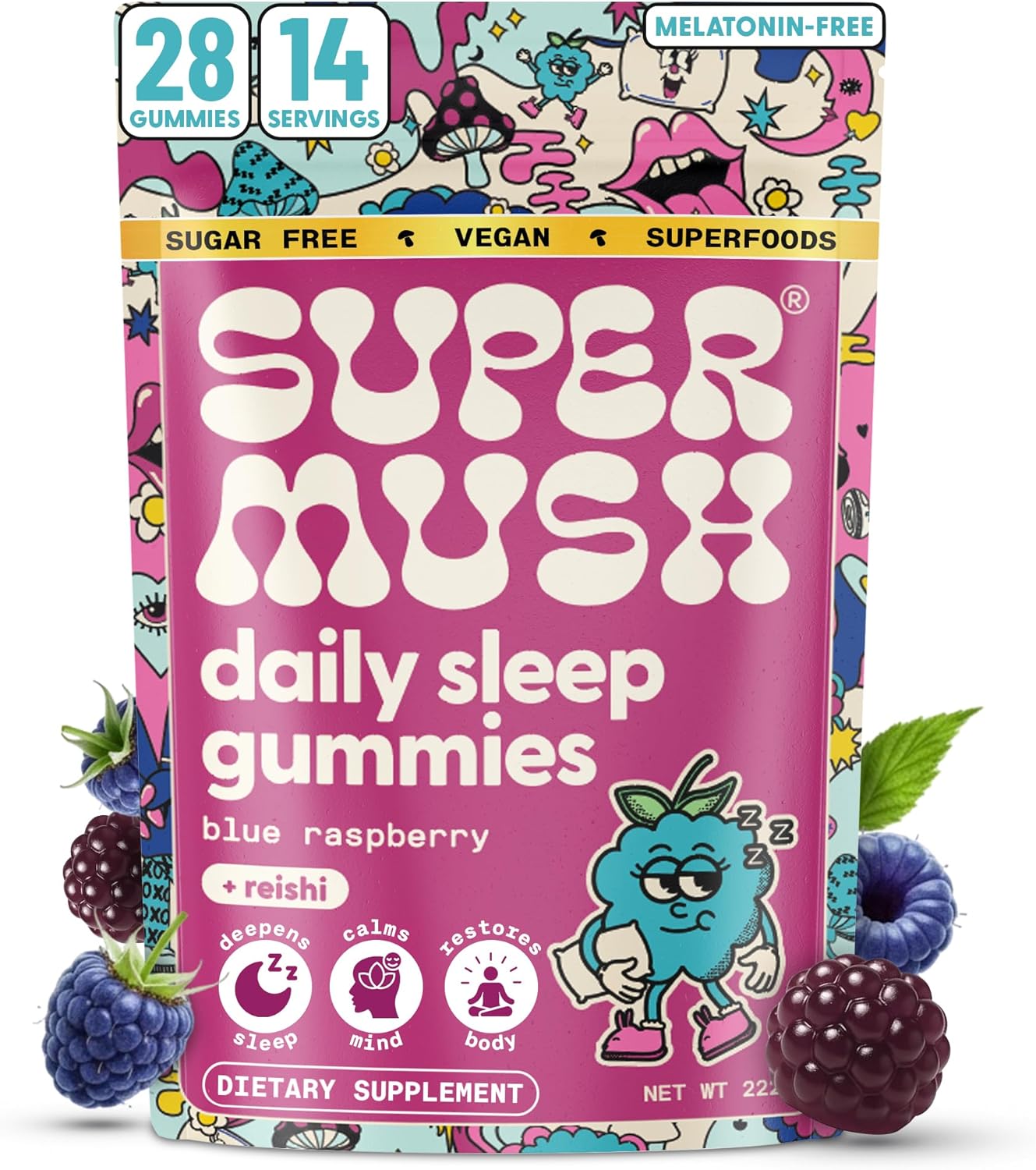 SuperMush Daily Sleep Gummies for Adults - Functional Mushroom Gummies with Magnesium, L-Theanine, Chaga, Reishi, Chamomile - Melatonin Free Sleep Aid for Deep Sleep - Vegan & Sugar-Free (28 Count)