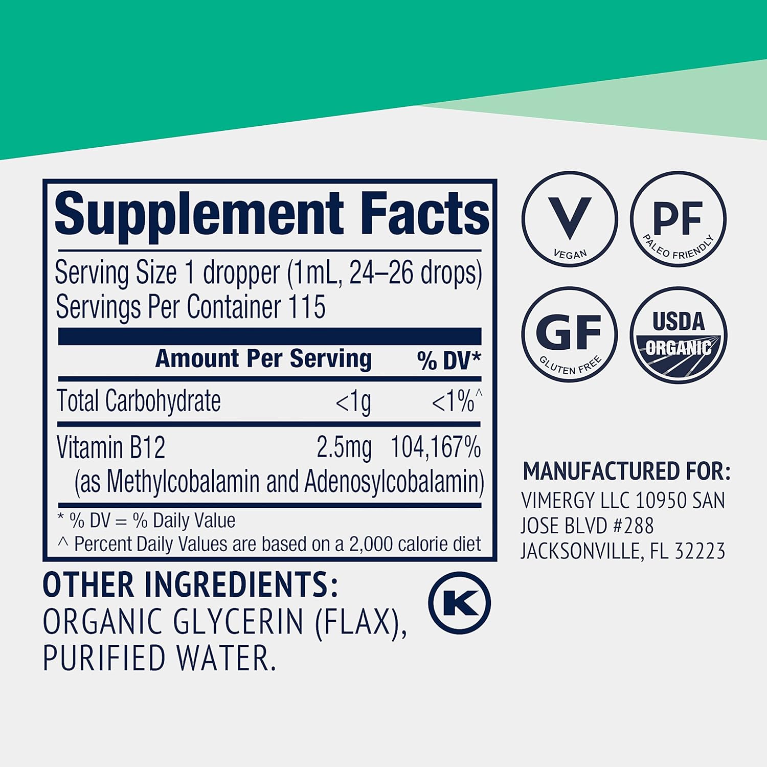 Vimergy USDA Organic Liquid Vitamin B12 Supplement 2500 mcg, Methylcobalamin & Adenosylcobalamin Fast-Absorbing Energy Support, Vegan, Non-GMO B12 Vitamins for Women & Men 115 Serving (115 mL) - Image 5