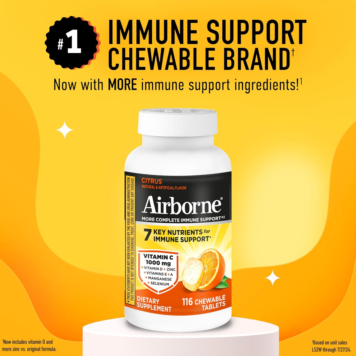 Airborne Citrus Chewable Tablets, 116ct | Immune Support Supplement with 1000mg Vitamin C + Vitamins A, D, E, Zinc,Selenium, & Manganese | Herbal Blend | Gluten Free - Image 2