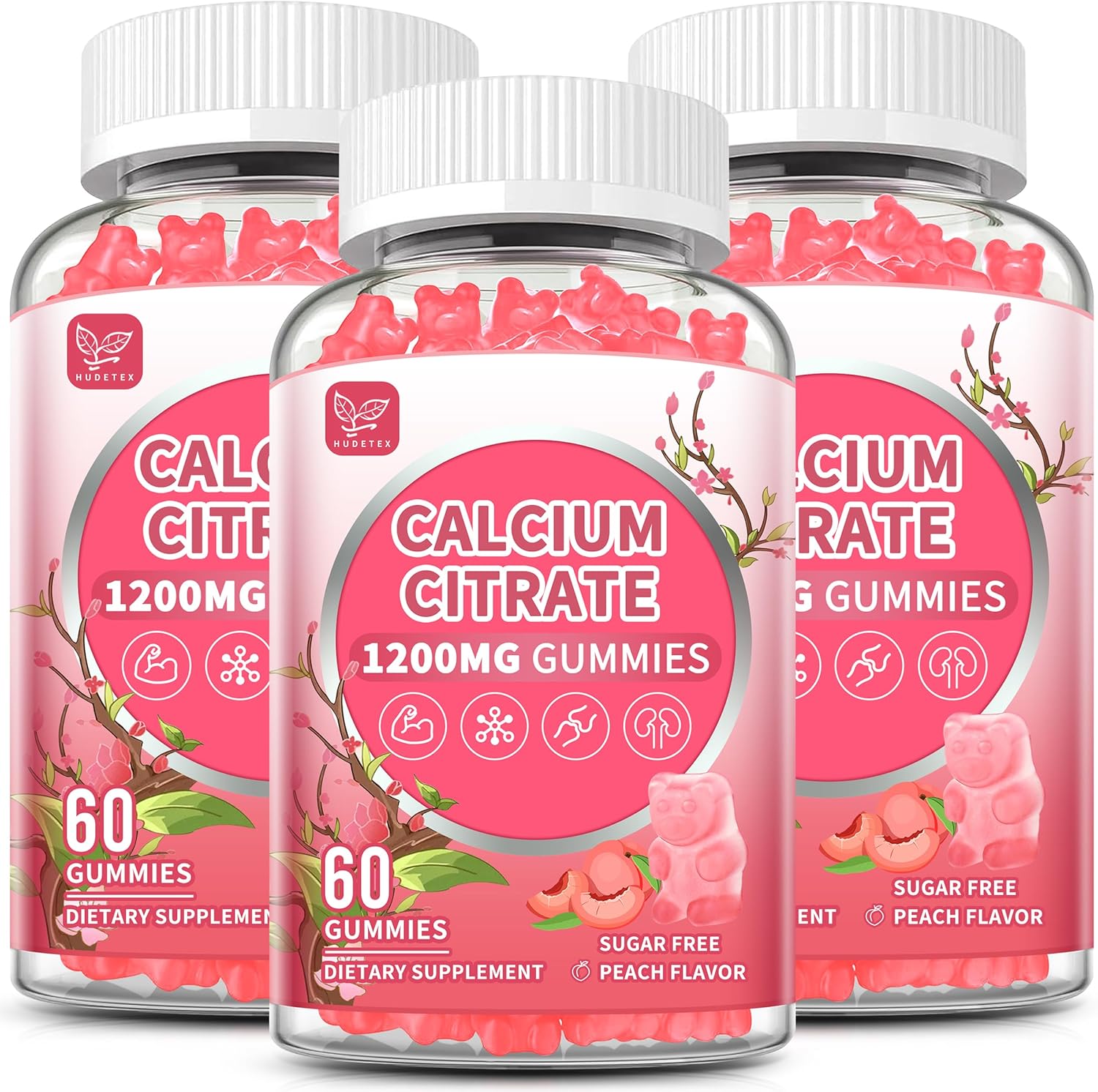(3 Pack) Calcium Citrate 1200 mg Gummies for Women & Men,Calcium Supplements for Women,High Absorption for Bone Muscle Healthy - Easy to Digest, Sugar Free,Vegan,Peach Flavor,90 Day Supply