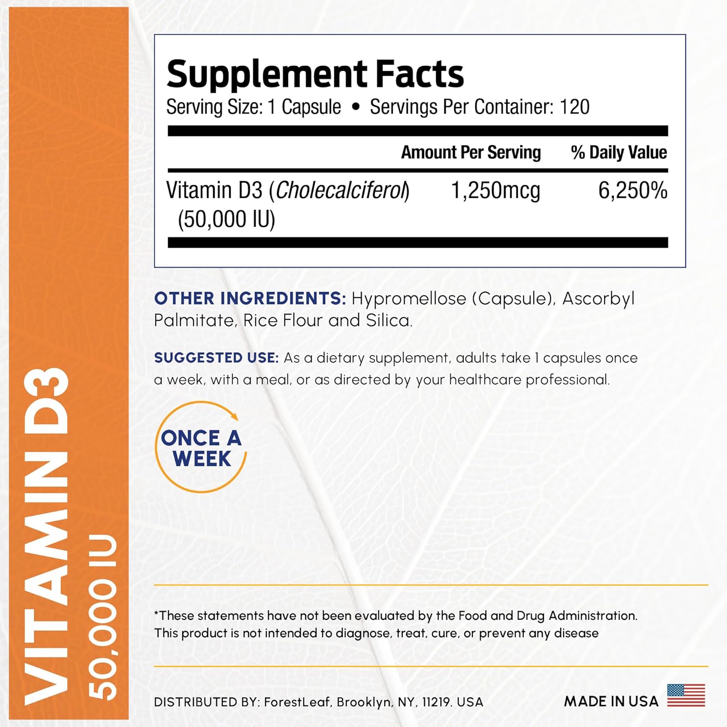 ForestLeaf Vitamin D3 50,000 IU | VIT D - Kosher VIT D3 Vitamin D Supplement for Women and Men | Bone Health, Teeth, Immune Support | Weekly Dose, 2-Year Supply, 120 Caps - Image 4