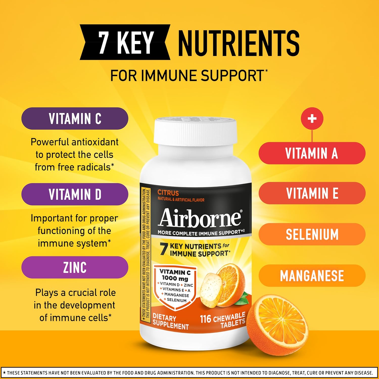 Airborne Citrus Chewable Tablets, 116ct | Immune Support Supplement with 1000mg Vitamin C + Vitamins A, D, E, Zinc,Selenium, & Manganese | Herbal Blend | Gluten Free - Image 3