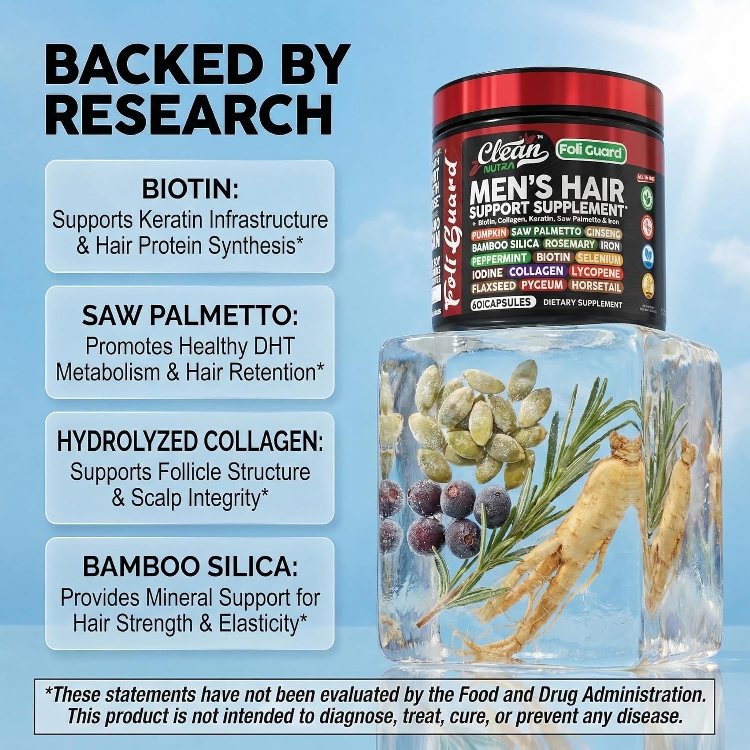 Hair Growth Supplement For Men | Biotin Hair Vitamins Collagen Pumpkin Seed Saw Palmetto Iron Ginseng Bamboo Silica Rosemary Peppermint Keratin Selenium Iodine Flaxseed Horsetail Vitamin A C D3 E B12 - Image 3