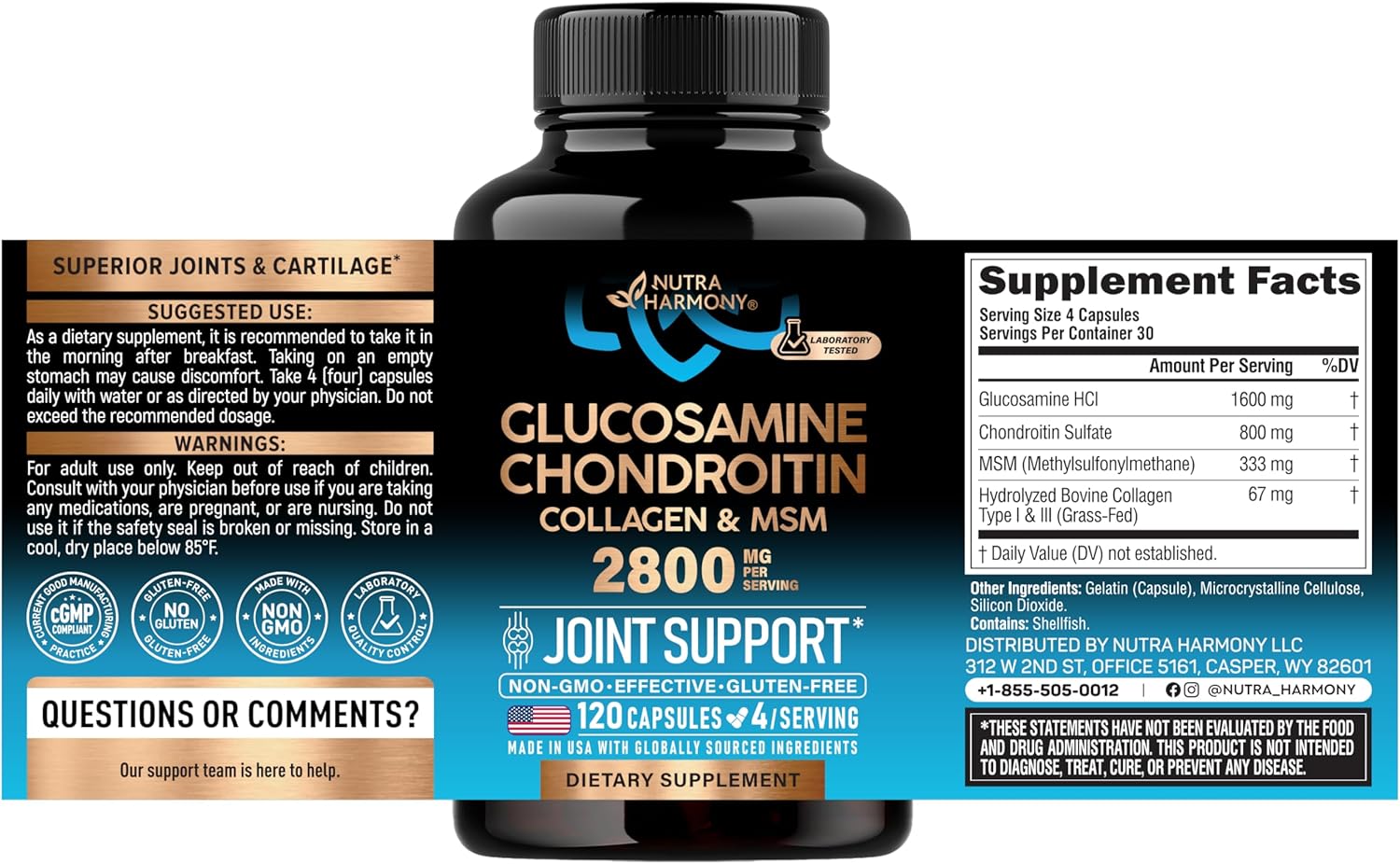 Glucosamine Chondroitin MSM Collagen | HSA | FSA Approved Product Items | Joint & Cartilage Support Supplement 2800 mg | Flexibility Nutritional Vitamins | Lab Tested | For Men & Women | 120 Capsules - Image 2