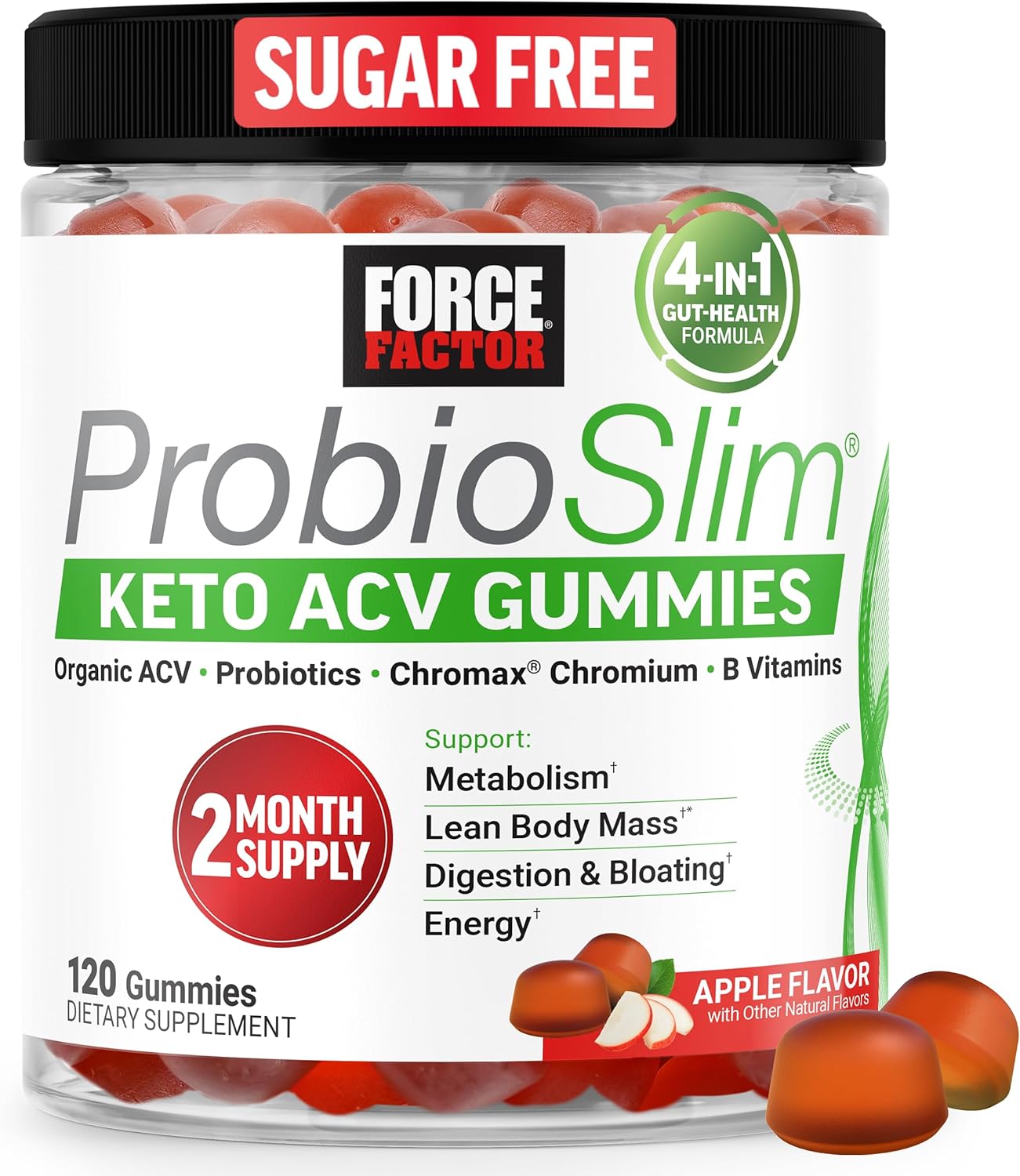 Force Factor ProbioSlim Keto ACV Metabolism Gummies, Organic Apple Cider Vinegar, LactoSpore Probiotics & Prebiotics to Support Digestion, Lean Body Mass, & Immune Health, Apple Flavor, 1 Carb, 120ct