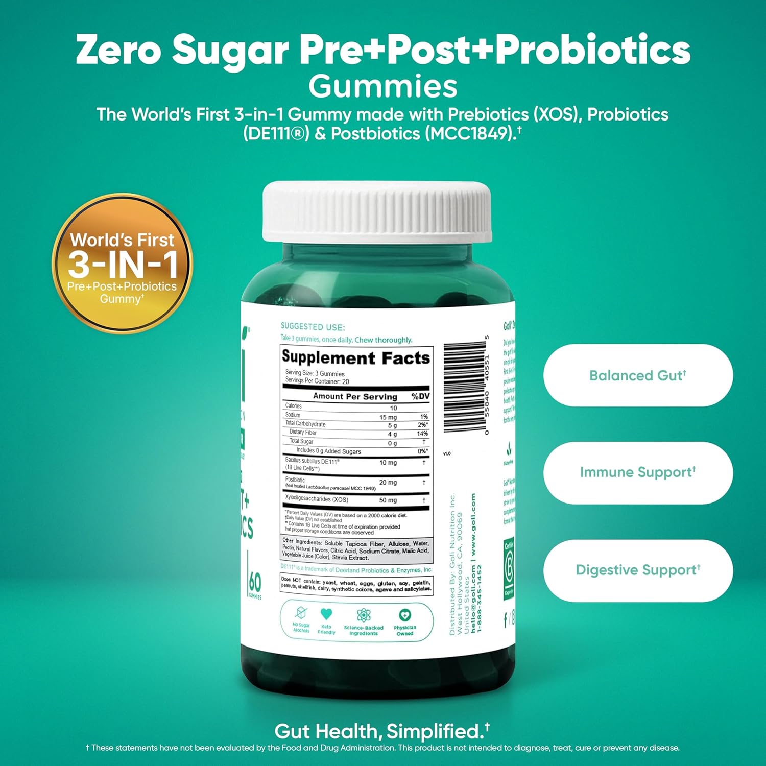 Goli Zero Sugar Trio - World's First 3-in-1 Pre, Post, Probiotic, Apple Cider Vinegar with Vitamin B12 and Probiotics, Ashwagandha & L-Theanine, Vitamin D Gummies, 90 Count (3-Bottle Set) - Image 4