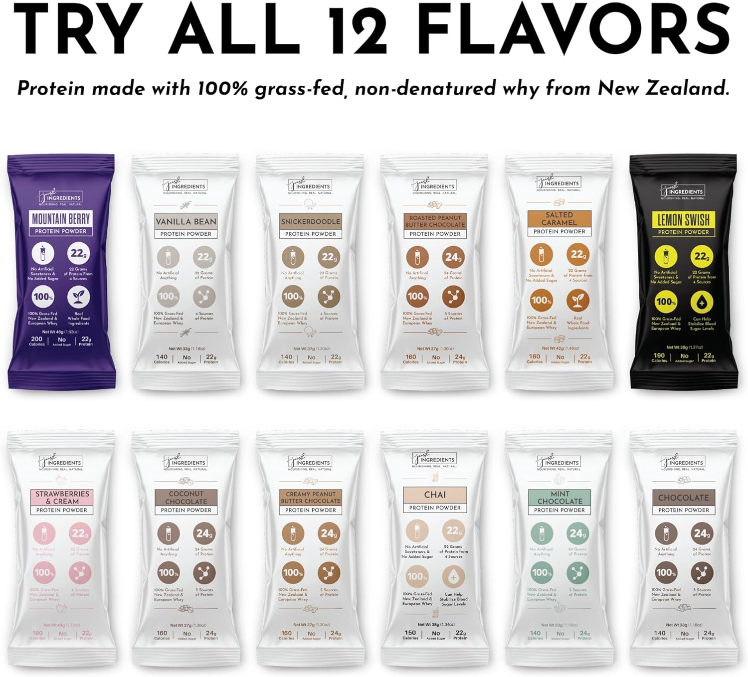 Protein Powder Made with 100% Grass Fed, Non Denatured Whey | Four Different Protein Sources from Organic Whole Food Ingredients | 12 Servings | 22g Protein (Sample Variety Pack) - Image 2