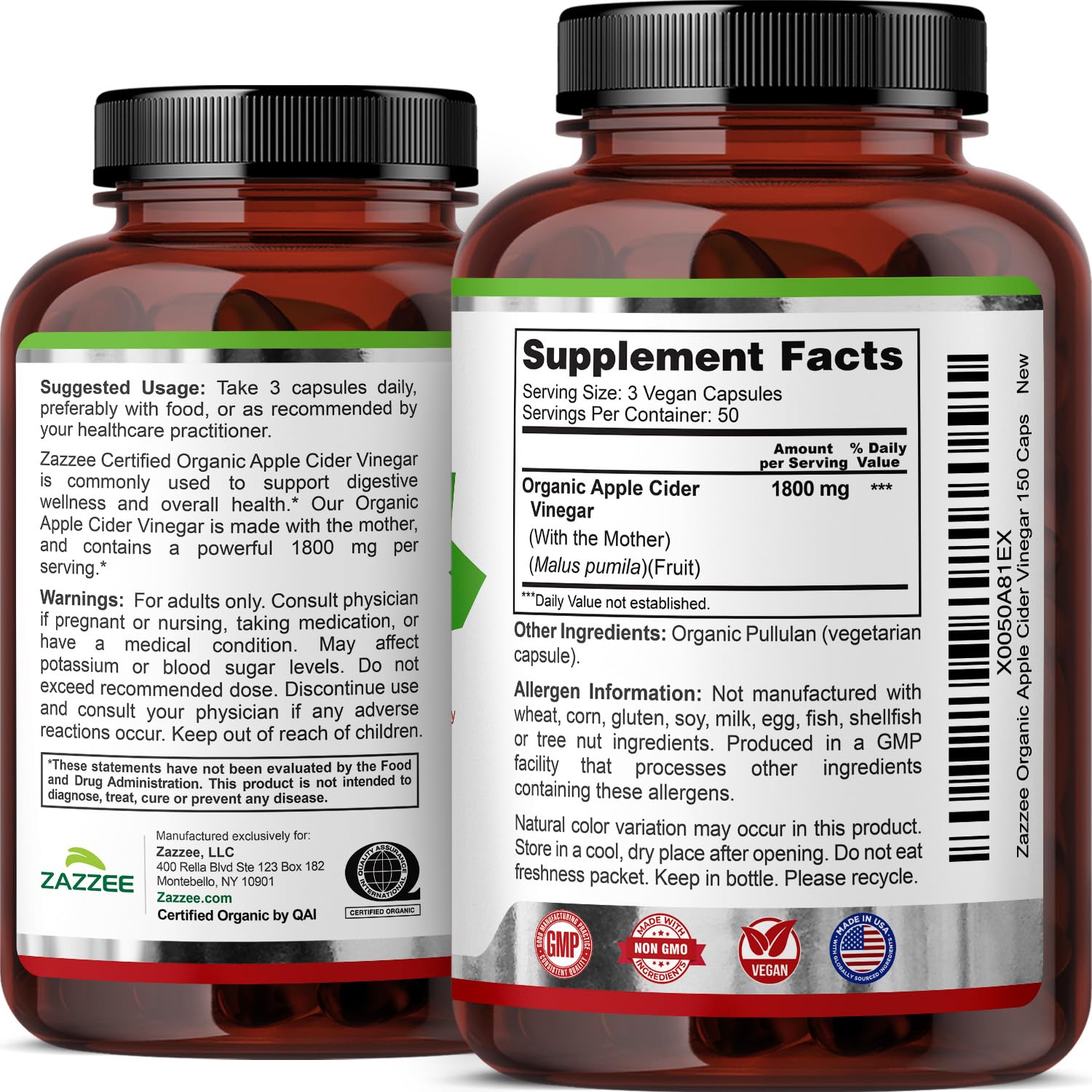 Zazzee USDA Organic Apple Cider Vinegar, With the Mother, 1800 mg per Serving, 150 Vegan Capsules, 50 Day Supply, Fermented ACV, Digestive Support Formula, All-Natural, Non-GMO, Made in the USA - Image 3