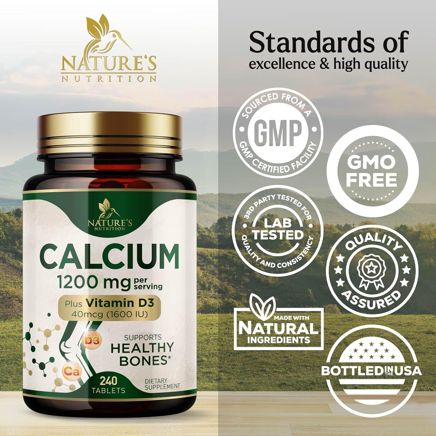 Calcium 1200 mg with Vitamin D3 - Per Serving - Bone Health Supplement - Vitamin D & Calcium Supplements for Women & Men - Bone Strength Support - Natural Calcium Pills - Bottled in USA - 240 Tablets - Image 4