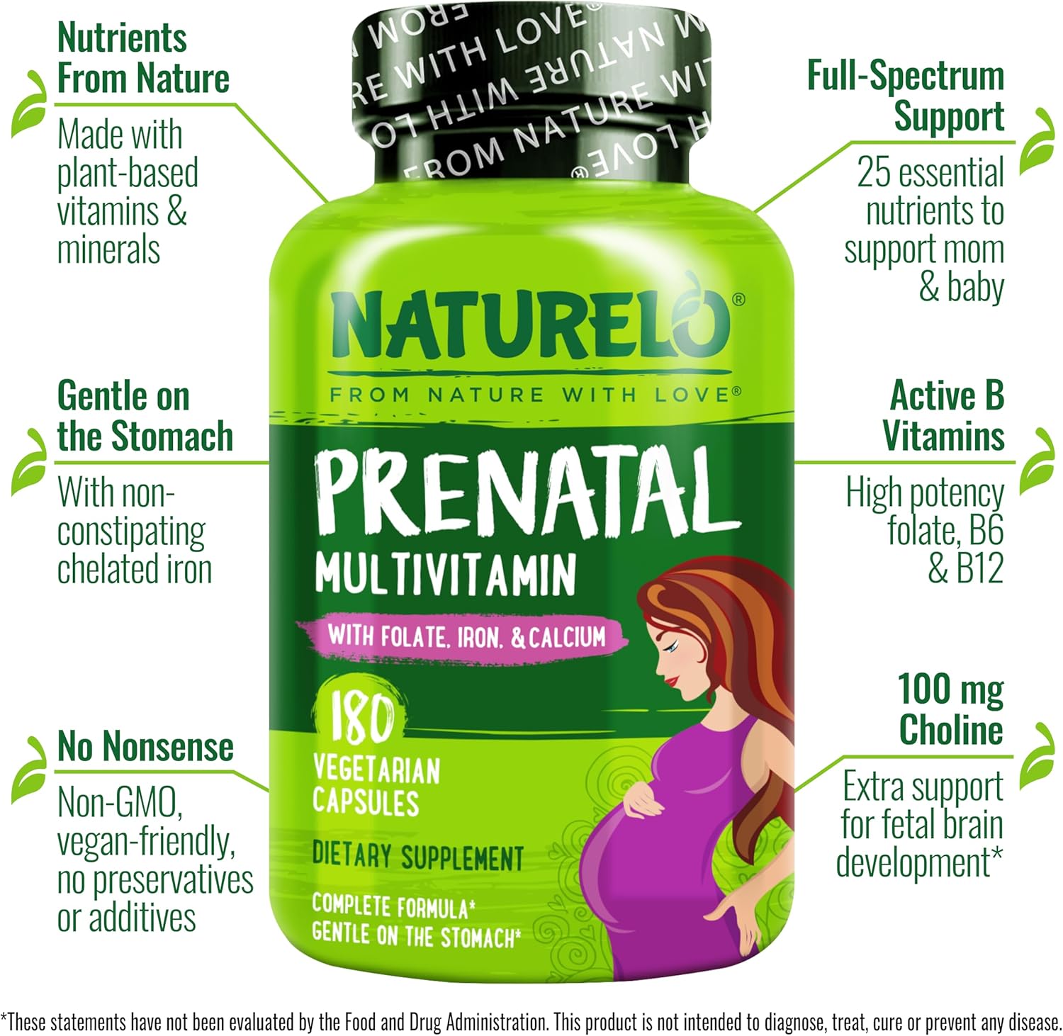 NATURELO Prenatal Multivitamin with Gentle Chelated Iron, Methyl Folate, Plant Calcium & Choline - Vegan, Vegetarian - Non-GMO - Gluten Free - 180 Capsules - 2 Month Supply - Image 2