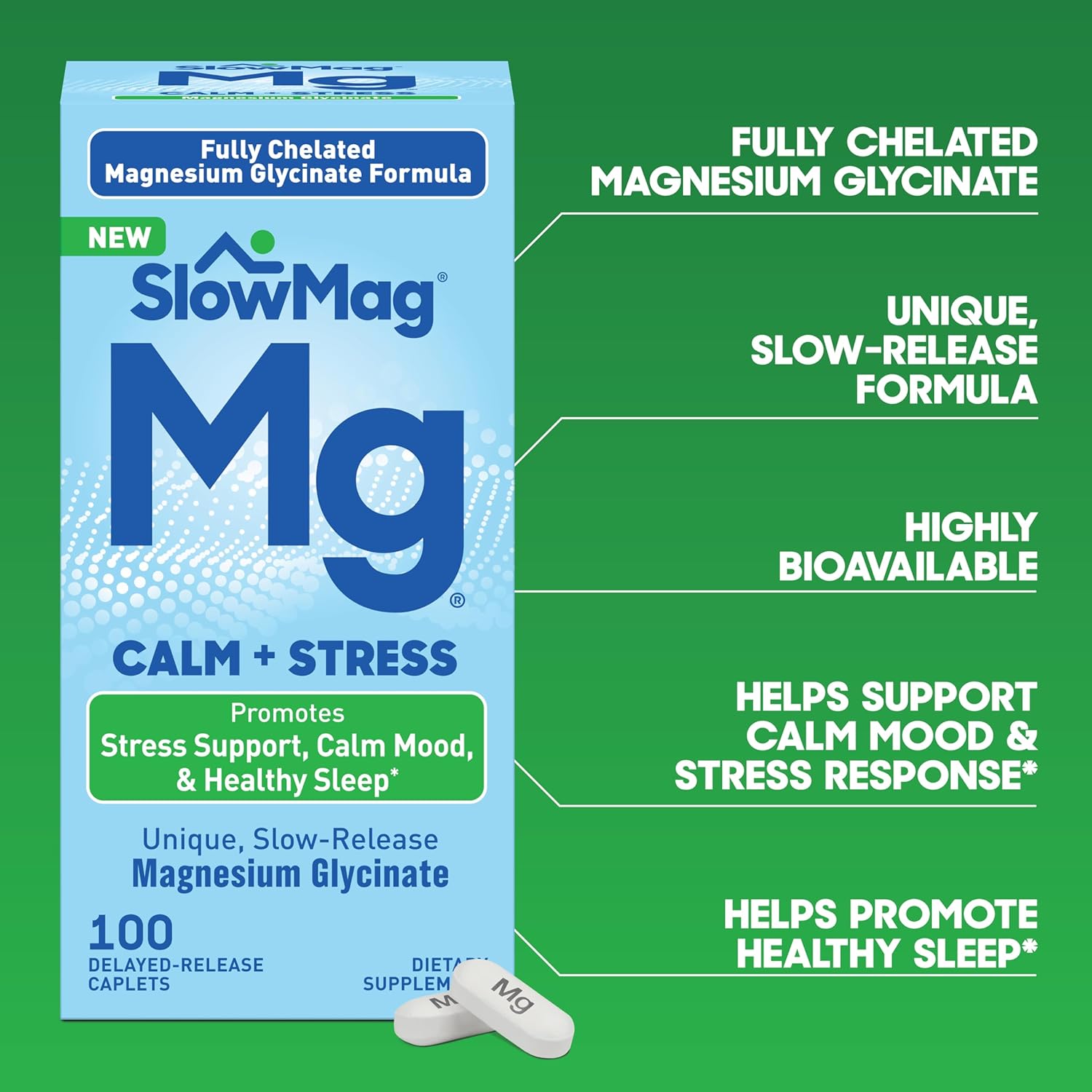 SlowMag Magnesium Glycinate Caplets, 100 Count, Slow-Release, Calm & Stress Support, Healthy Sleep, Gentle on Stomach, Magnesium Glycinate Supplements for Women & Men - Image 4
