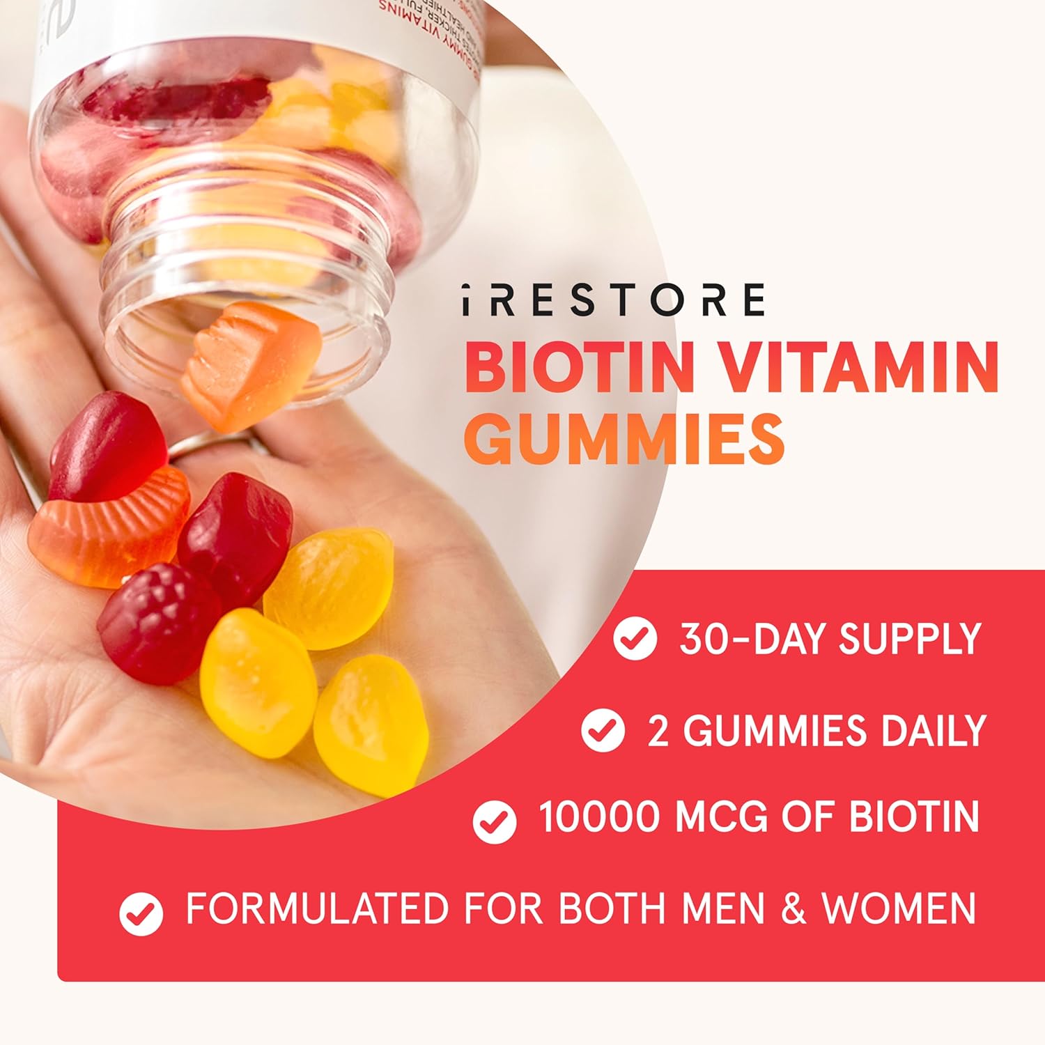 iRestore Biotin Gummies 10,000 mcg - 3 Natural Fruit Flavors, Hair Vitamins Multi Supplement for Hair Skin and Nails for Women & Men, 60 Vegan Gummies, 30 Day Supply - Image 2