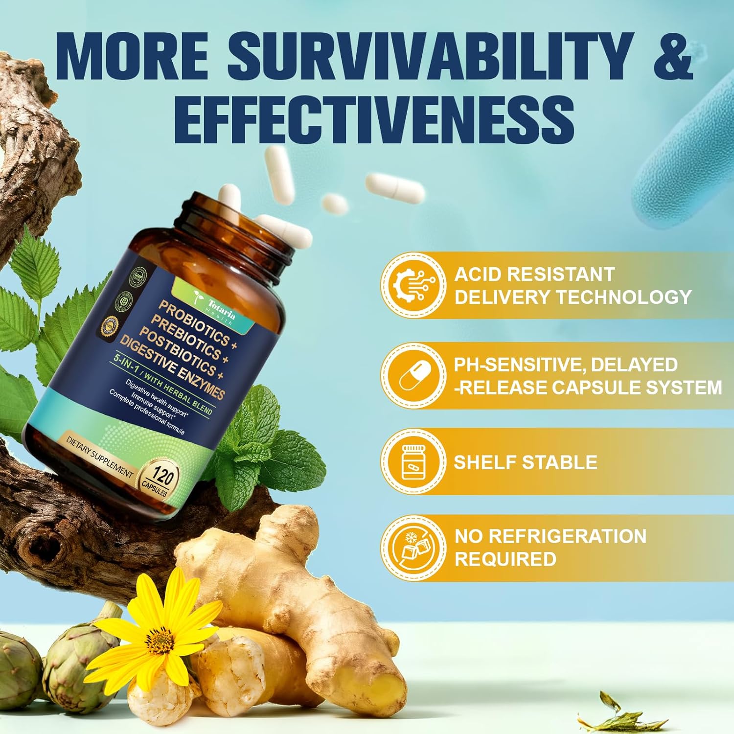 Totaria 5-in-1 Probiotic Prebiotic & Postbiotic for Women Men, 60 Billion CFU 24 Strains w/Digestive Enzymes, Prebiotic Fiber, Slippery Elm, Daily Complete Immune, Gut Health, 120 Day Supply - Image 7